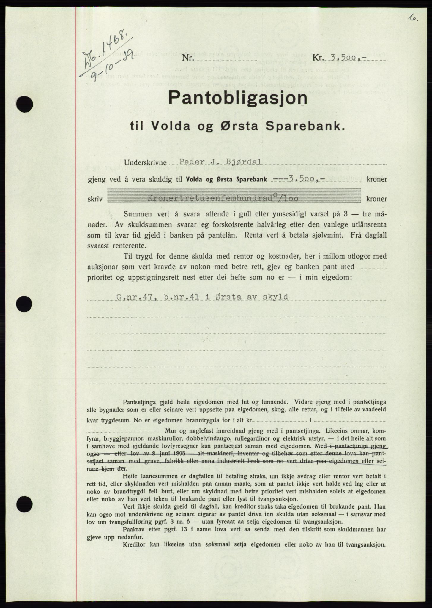 Søre Sunnmøre sorenskriveri, AV/SAT-A-4122/1/2/2C/L0069: Mortgage book no. 63, 1939-1940, Diary no: : 1468/1939