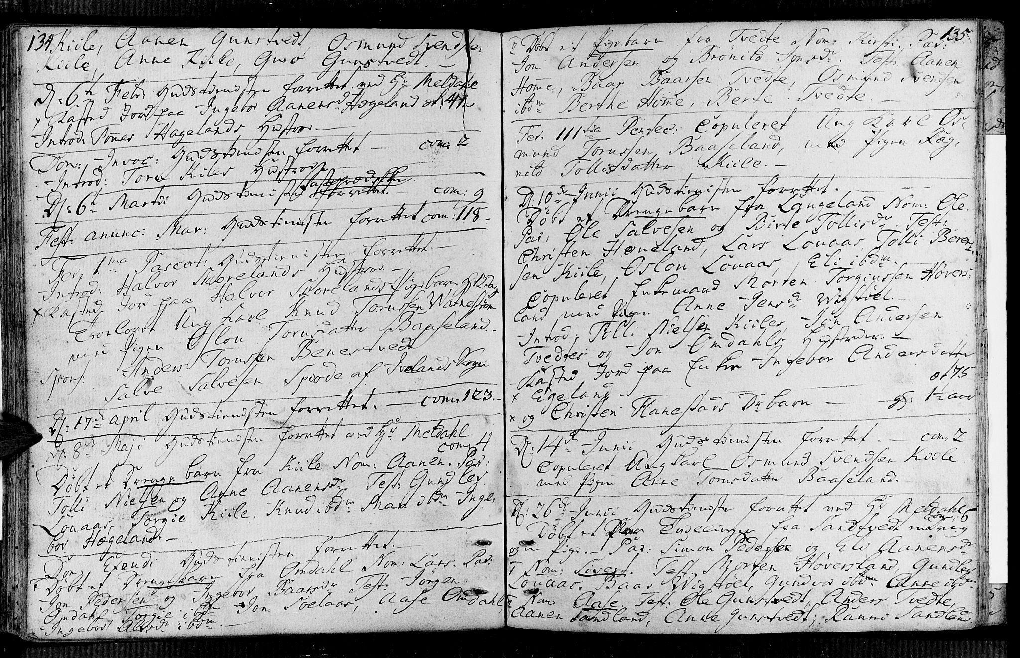 Vennesla sokneprestkontor, AV/SAK-1111-0045/Fa/Faa/L0001: Parish register (official) no. A 1, 1753-1785, p. 134-135