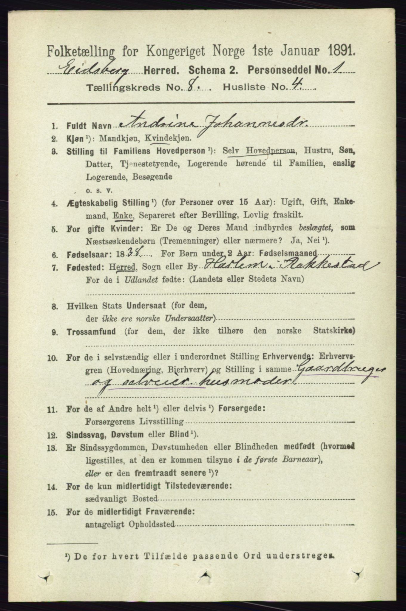 RA, 1891 census for 0125 Eidsberg, 1891, p. 4654