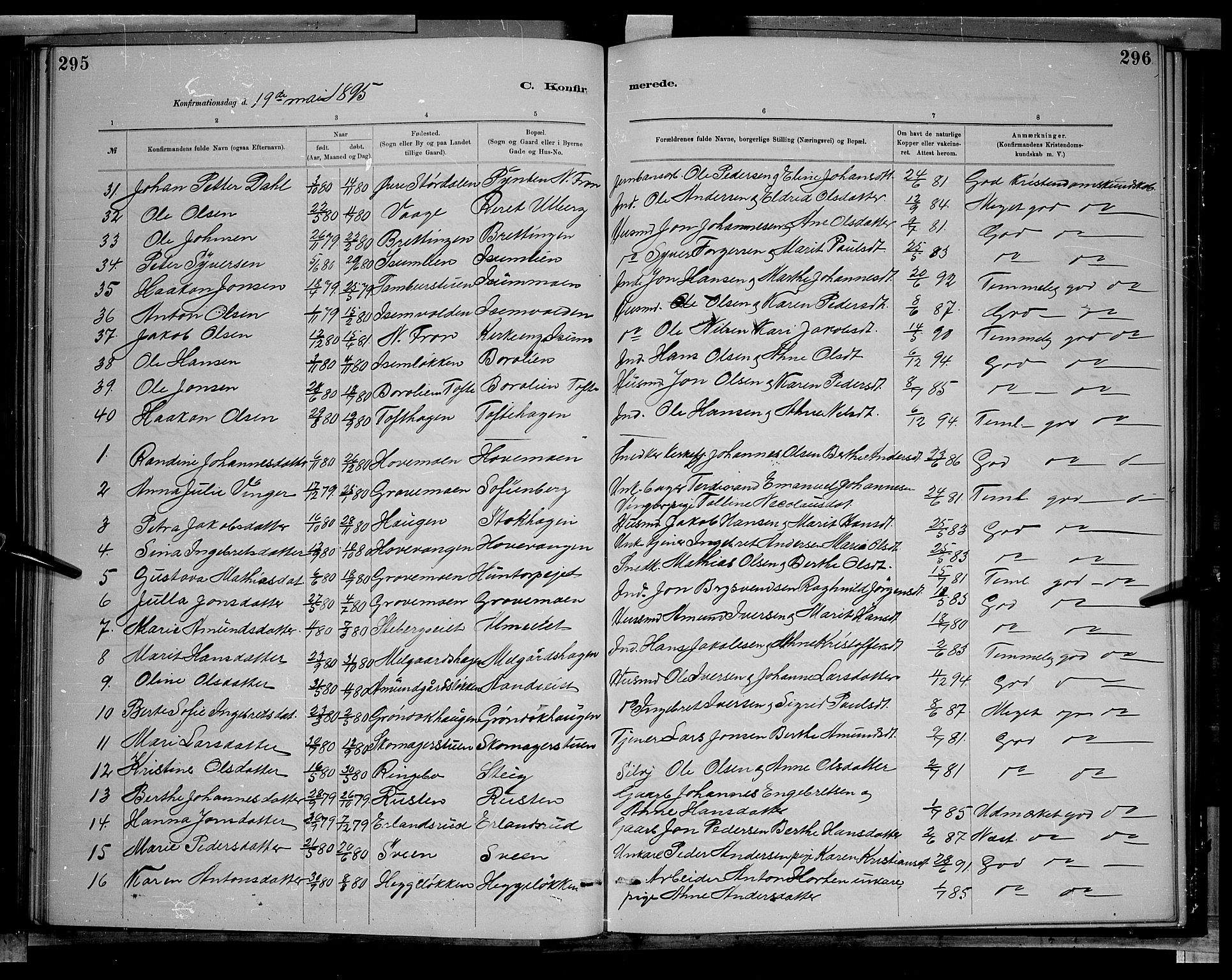 Sør-Fron prestekontor, SAH/PREST-010/H/Ha/Hab/L0003: Parish register (copy) no. 3, 1884-1896, p. 295-296