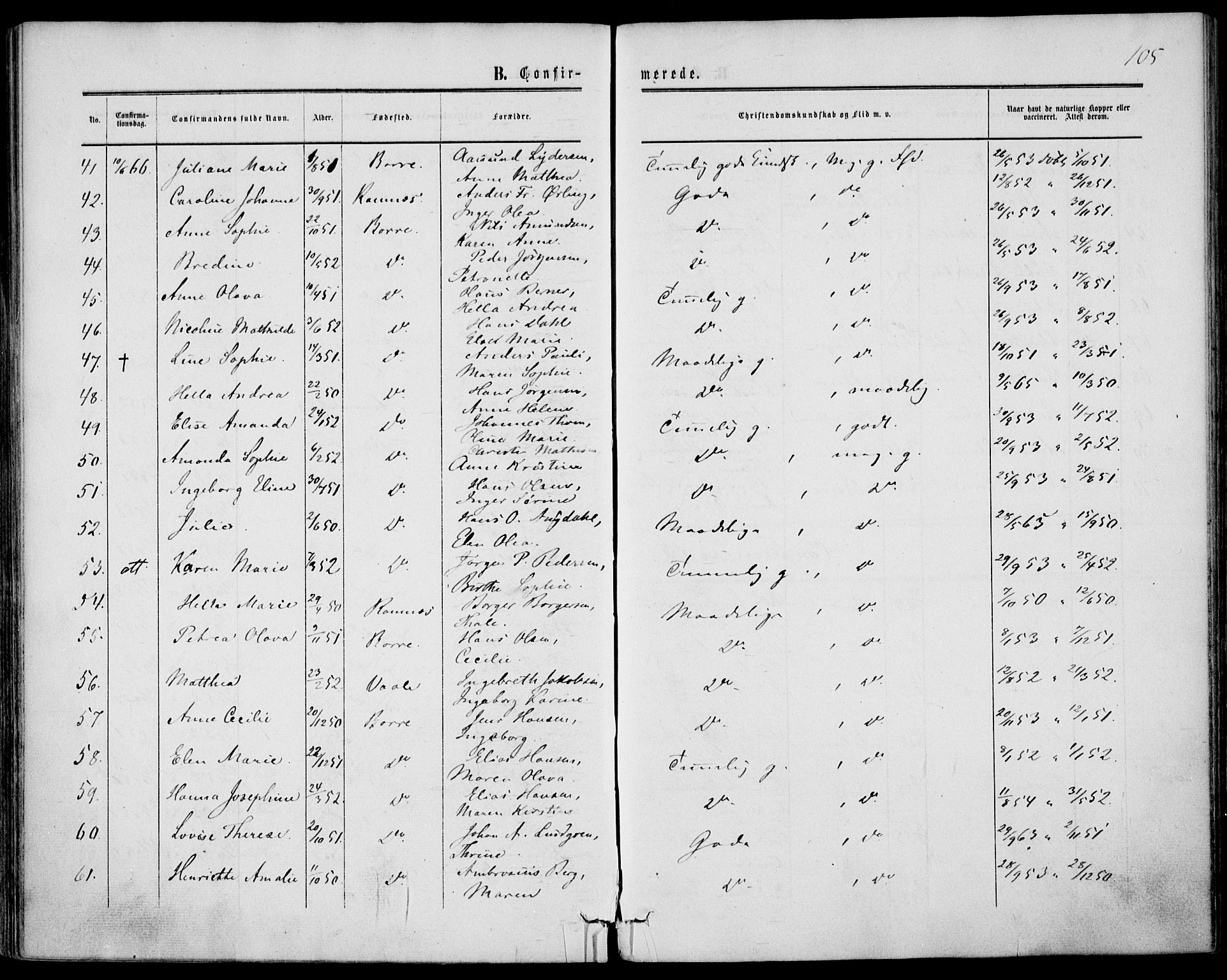 Borre kirkebøker, SAKO/A-338/F/Fa/L0007: Parish register (official) no. I 7, 1862-1867, p. 105