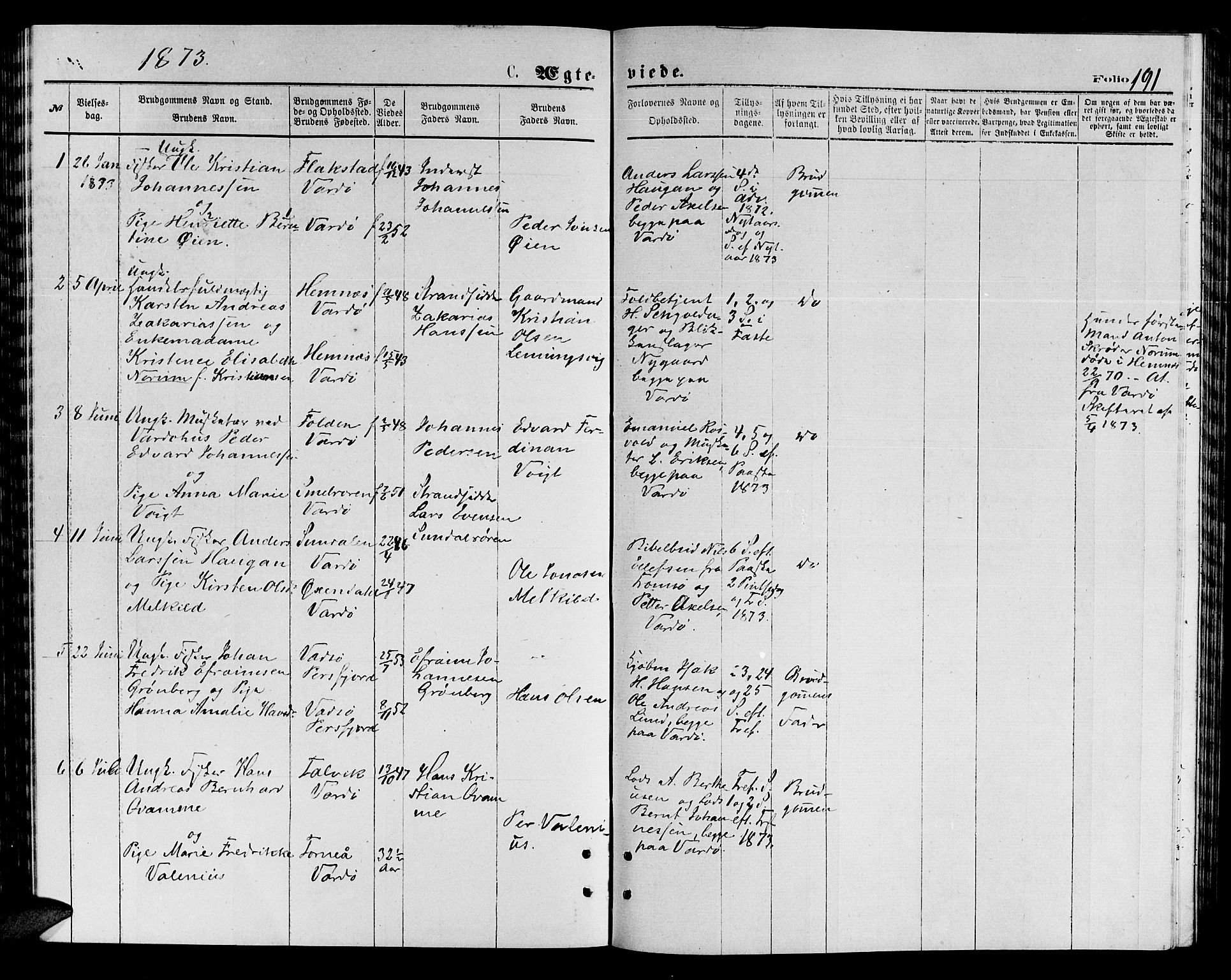 Vardø sokneprestkontor, SATØ/S-1332/H/Hb/L0003klokker: Parish register (copy) no. 3, 1871-1878, p. 191