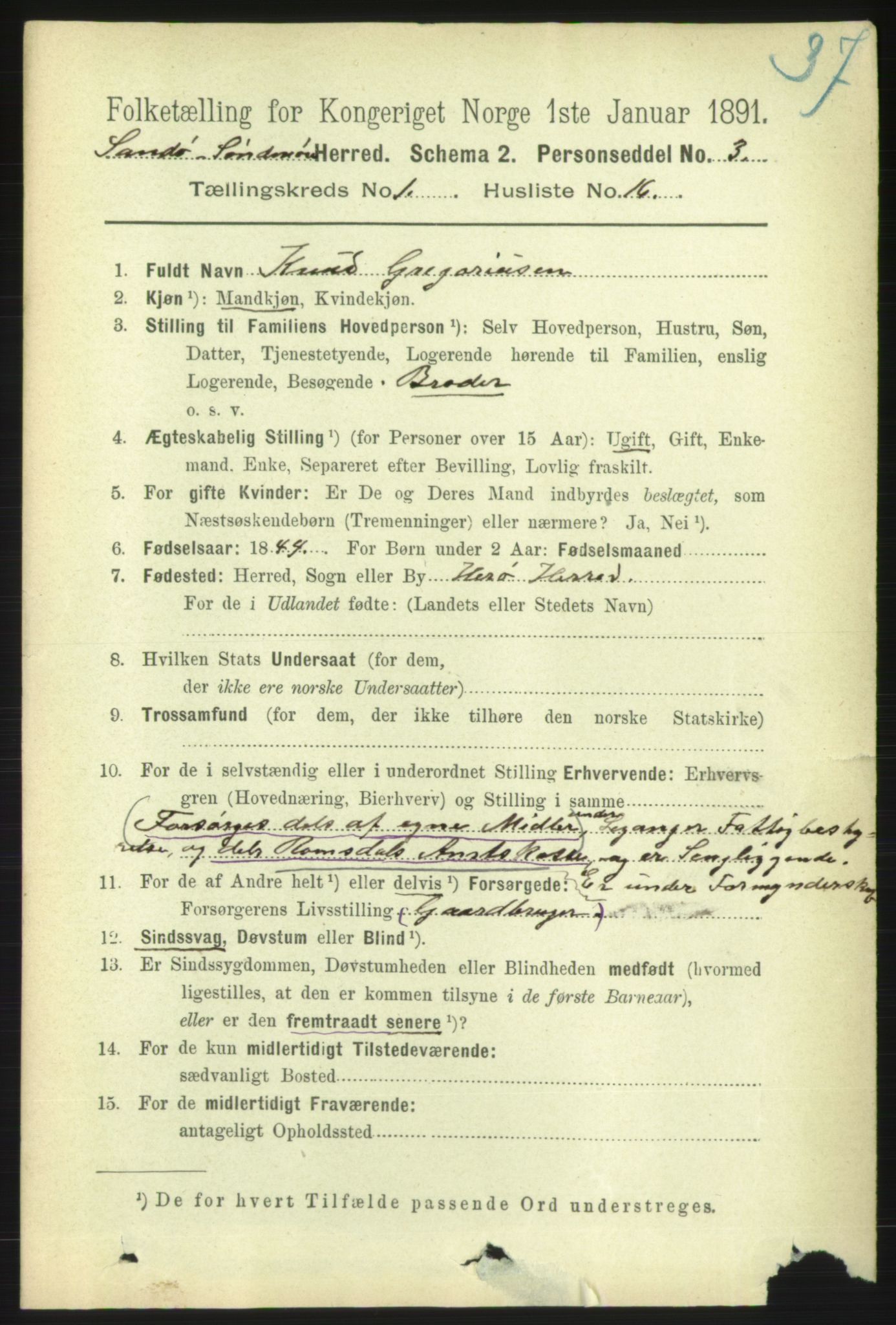 RA, 1891 census for 1514 Sande, 1891, p. 137