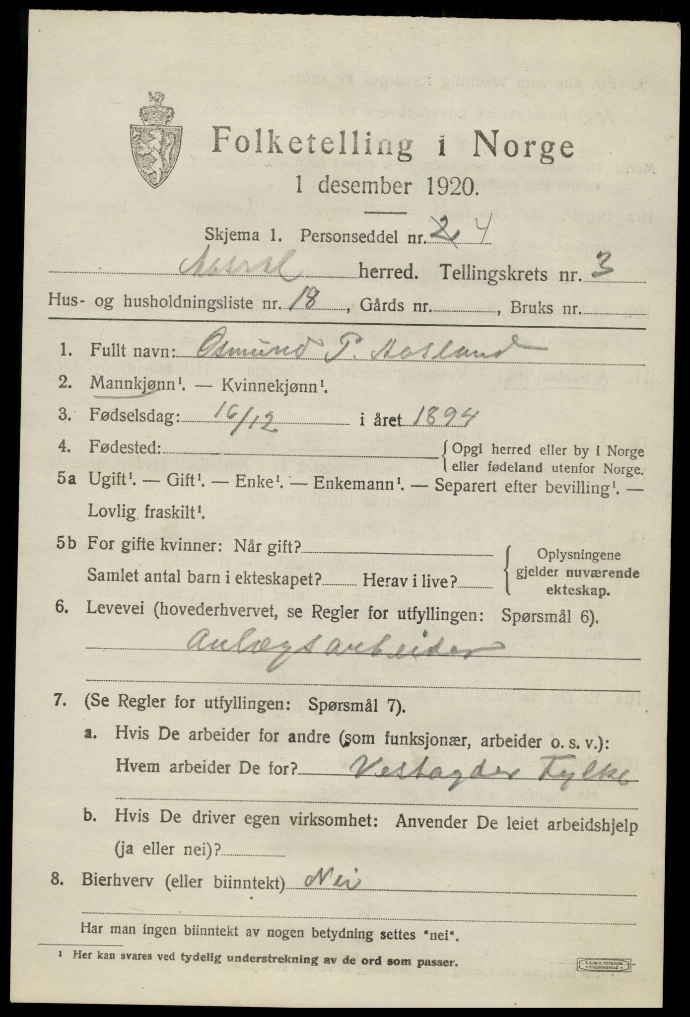 SAK, 1920 census for Åseral, 1920, p. 1170
