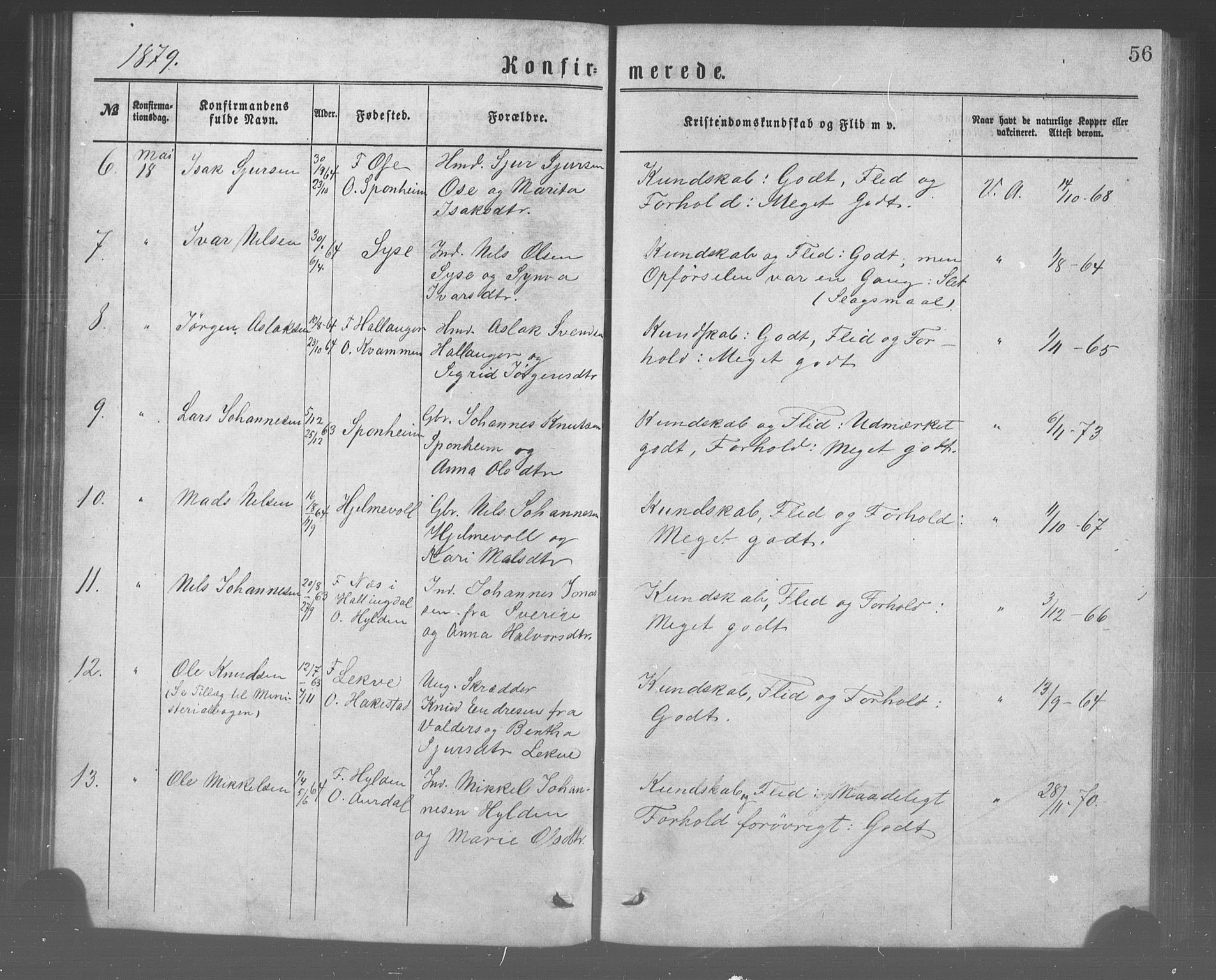 Ulvik sokneprestembete, SAB/A-78801/H/Haa: Parish register (official) no. A 17, 1873-1891, p. 56