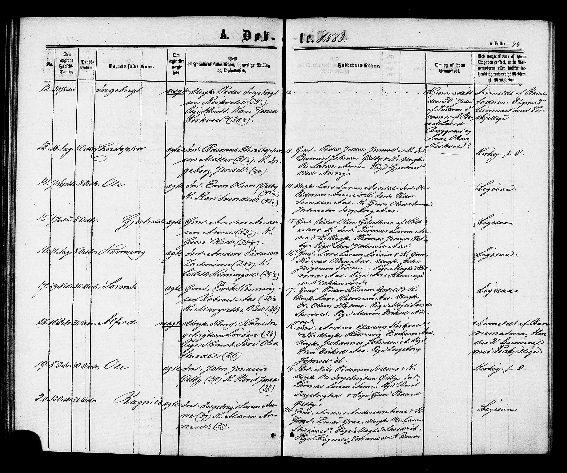 Ministerialprotokoller, klokkerbøker og fødselsregistre - Sør-Trøndelag, SAT/A-1456/698/L1163: Parish register (official) no. 698A01, 1862-1887, p. 44