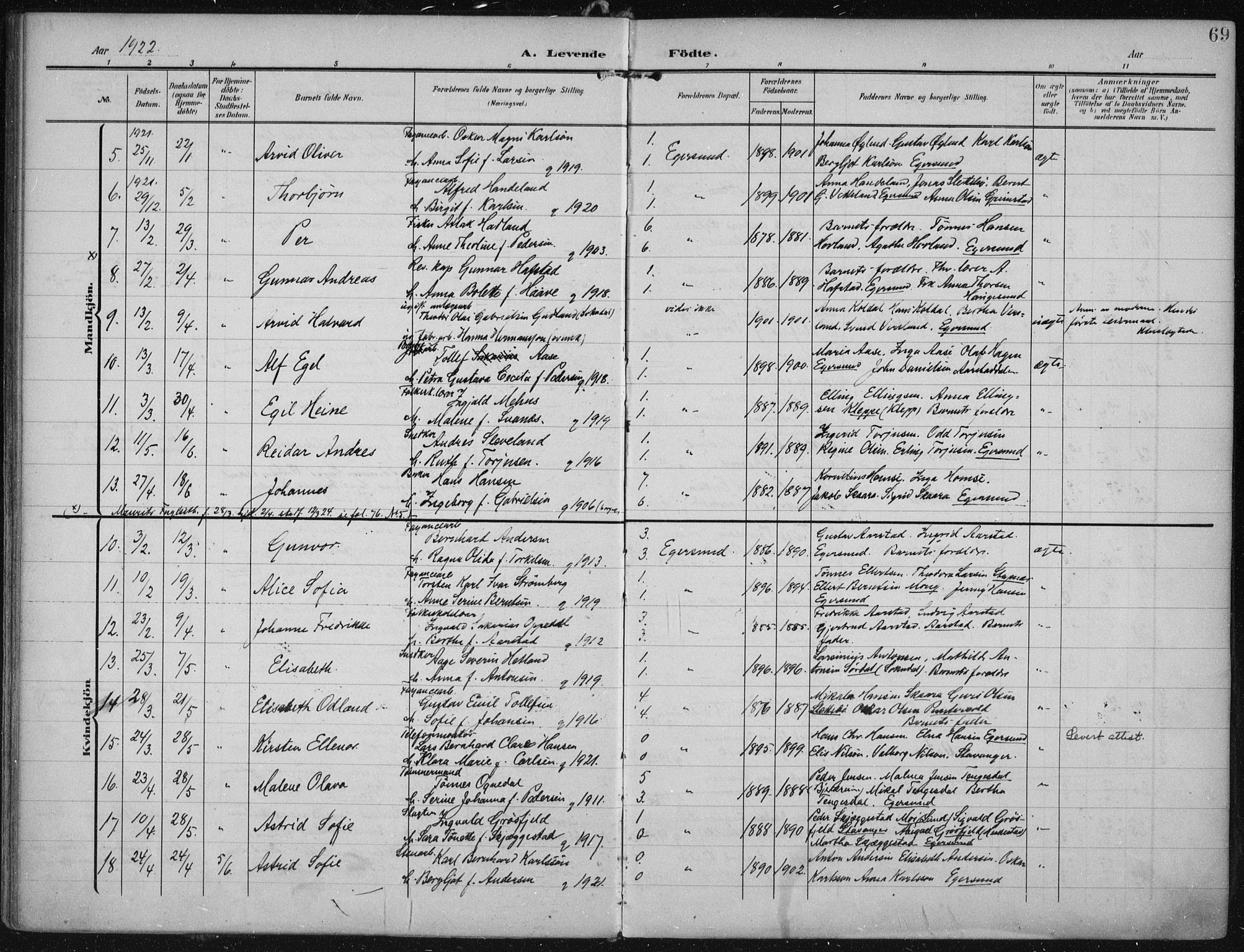 Eigersund sokneprestkontor, AV/SAST-A-101807/S08/L0022: Parish register (official) no. A 21, 1905-1928, p. 69