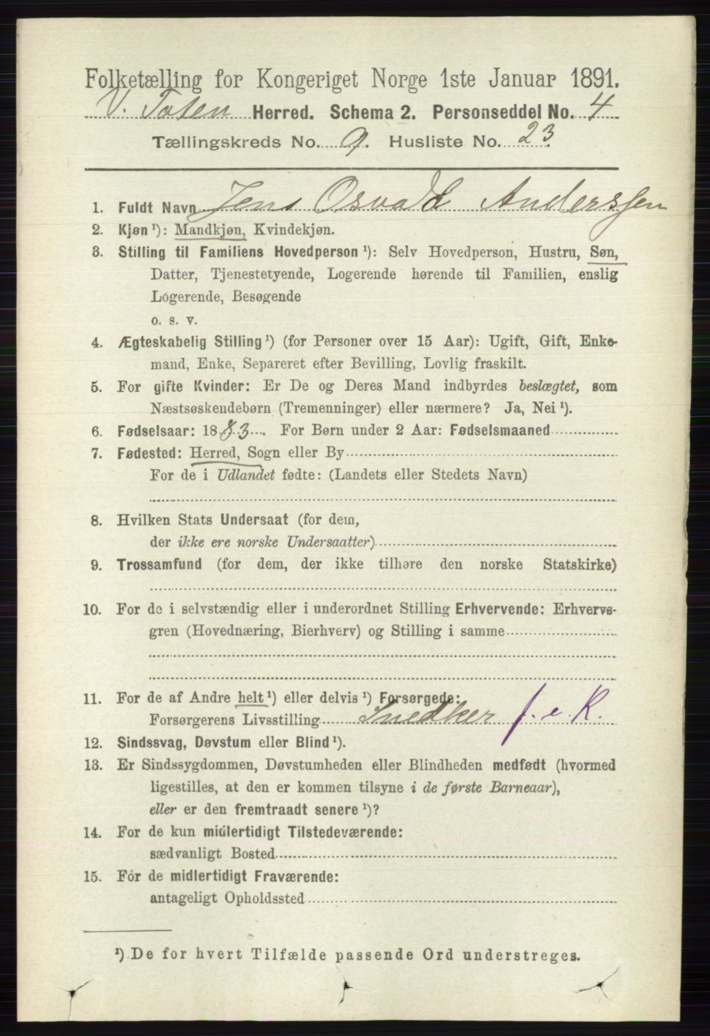 RA, 1891 census for 0529 Vestre Toten, 1891, p. 5690