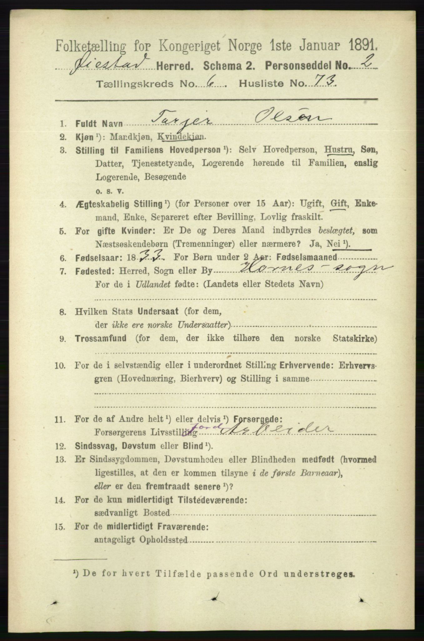 RA, 1891 census for 0920 Øyestad, 1891, p. 2547