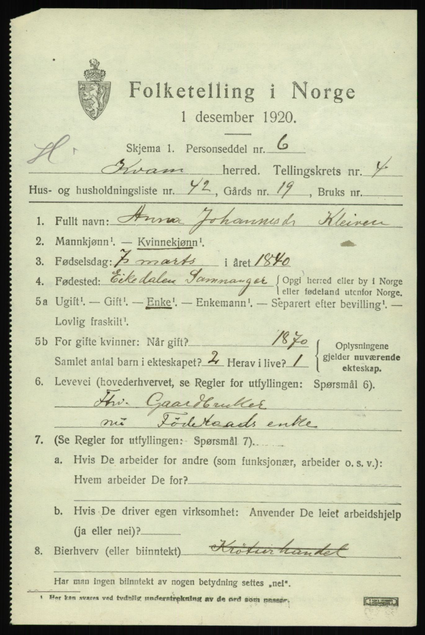 SAB, 1920 census for Kvam, 1920, p. 3763
