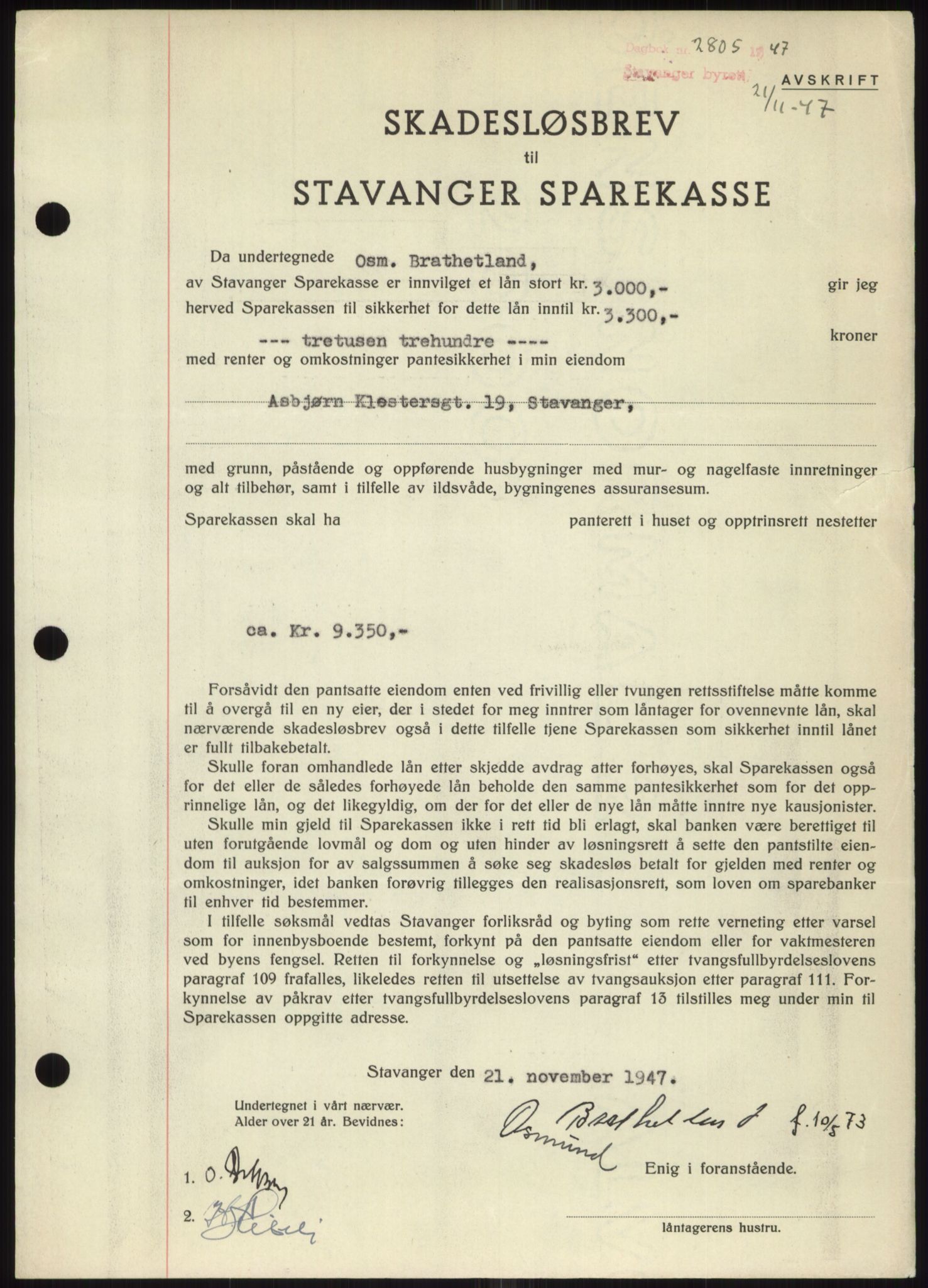 Stavanger byrett, SAST/A-100455/002/G/Gb/L0032: Mortgage book, 1947-1950, Diary no: : 2805/1947