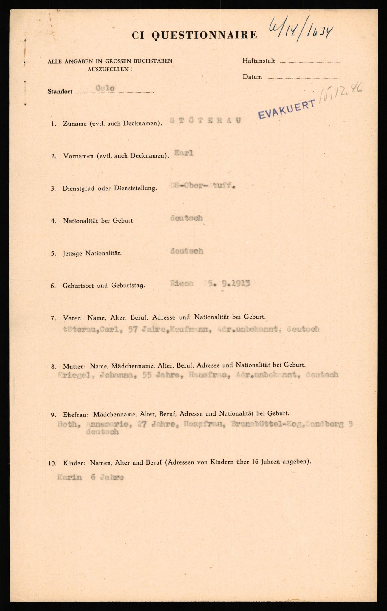 Forsvaret, Forsvarets overkommando II, AV/RA-RAFA-3915/D/Db/L0033: CI Questionaires. Tyske okkupasjonsstyrker i Norge. Tyskere., 1945-1946, p. 303