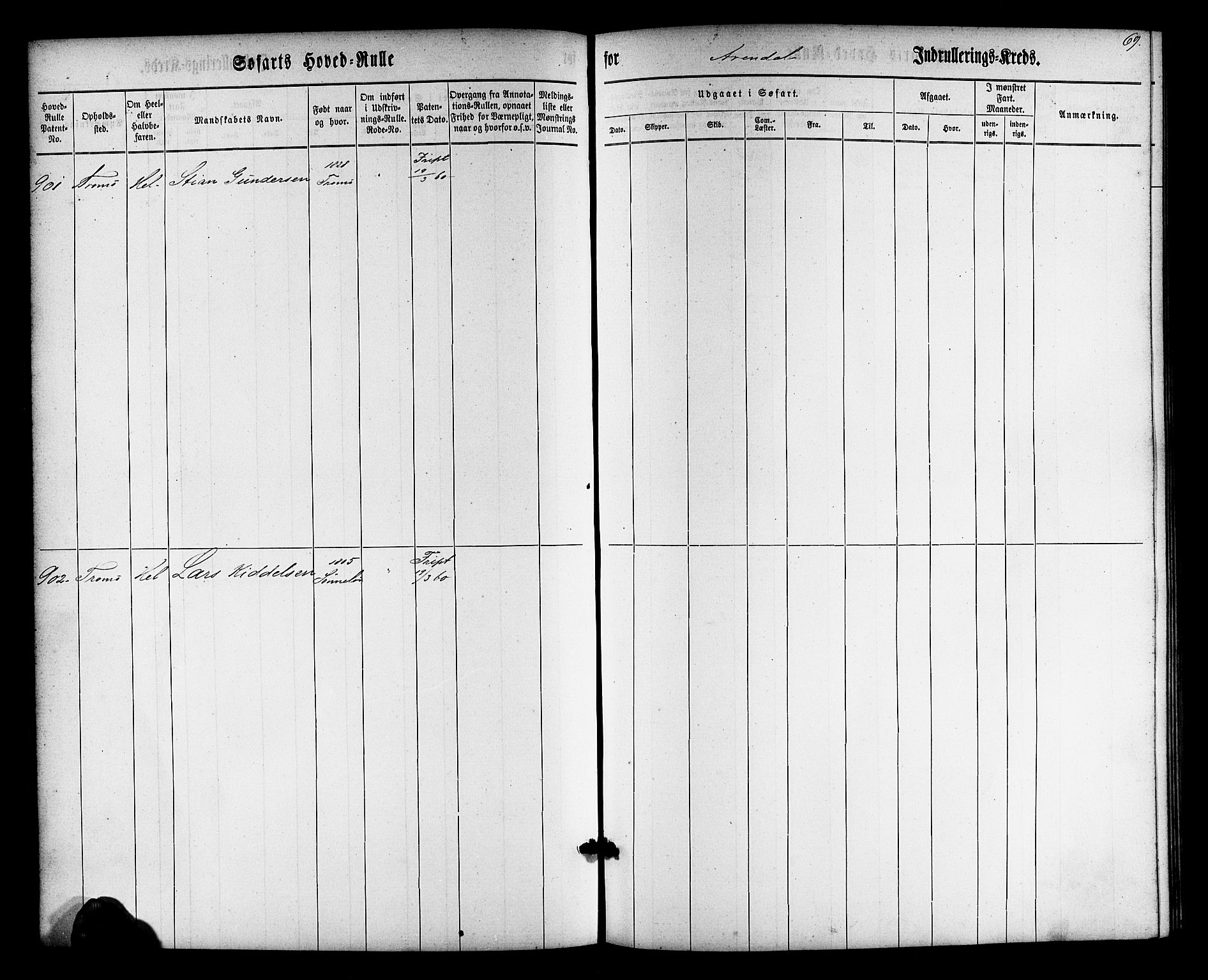 Arendal mønstringskrets, SAK/2031-0012/F/Fb/L0009: Hovedrulle nr 767-1532, S-7, 1857-1864, p. 70