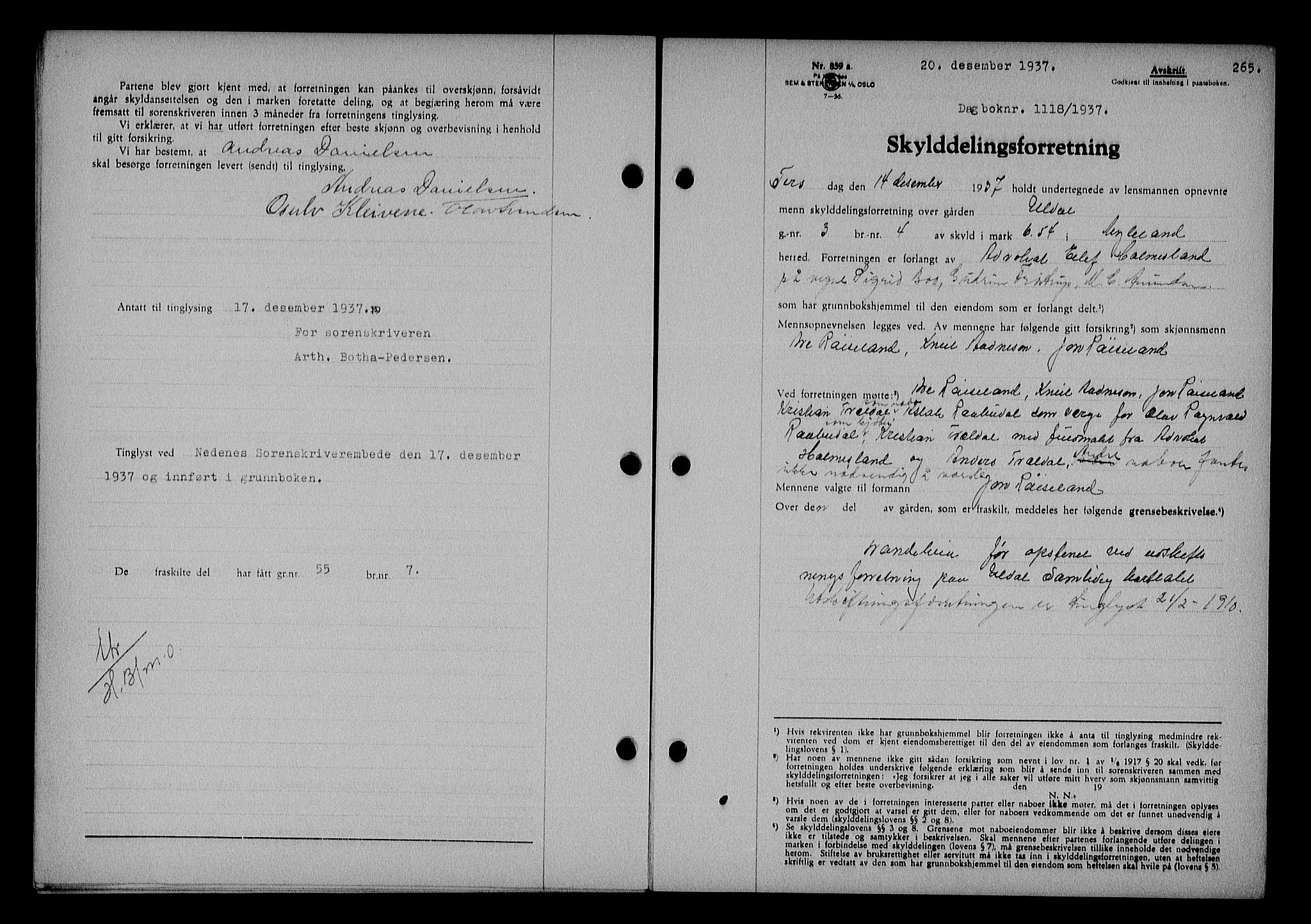 Nedenes sorenskriveri, SAK/1221-0006/G/Gb/Gba/L0044: Mortgage book no. 40, 1937-1938, Diary no: : 1118/1937