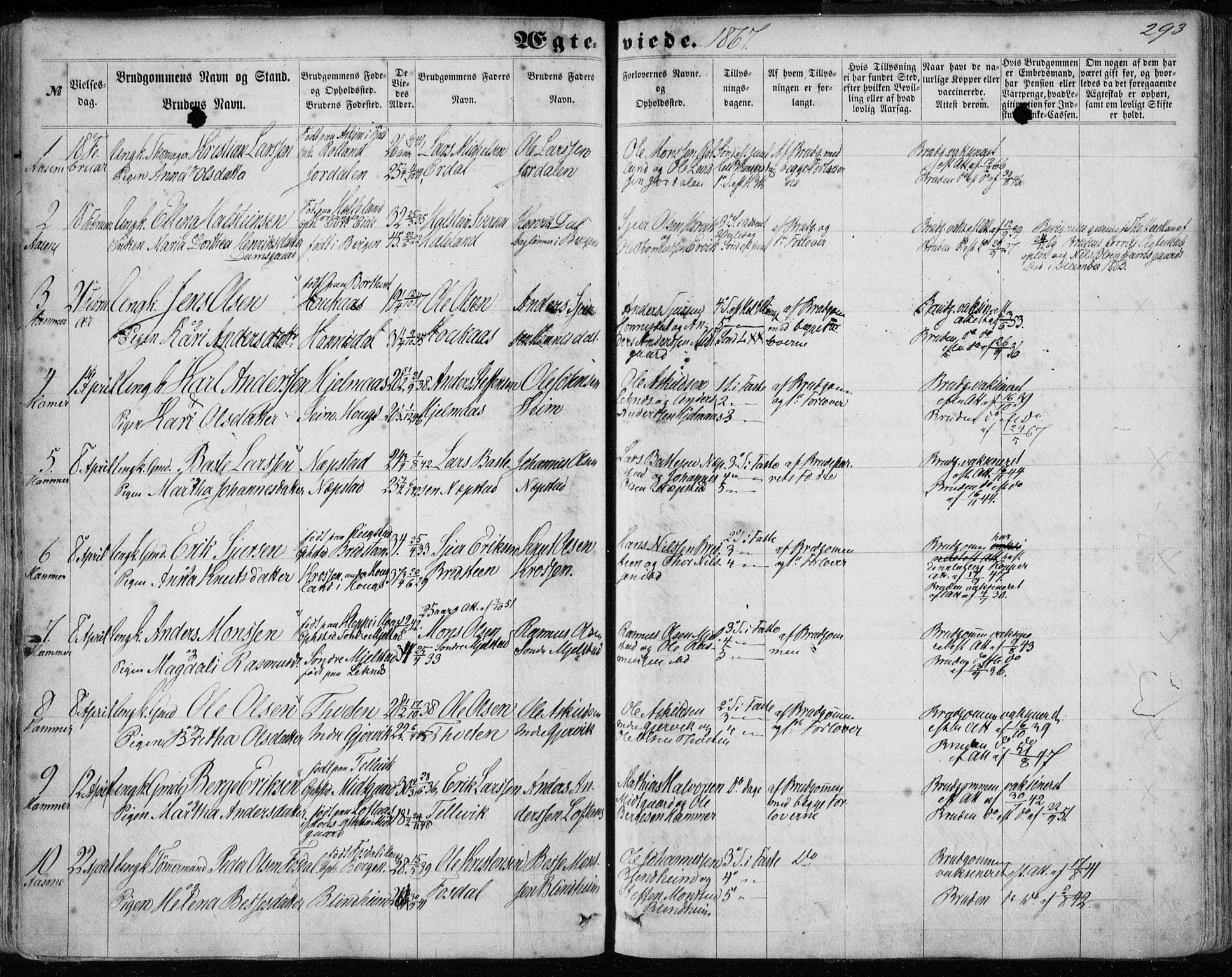 Hamre sokneprestembete, SAB/A-75501/H/Ha/Haa/Haaa/L0014: Parish register (official) no. A 14, 1858-1872, p. 293