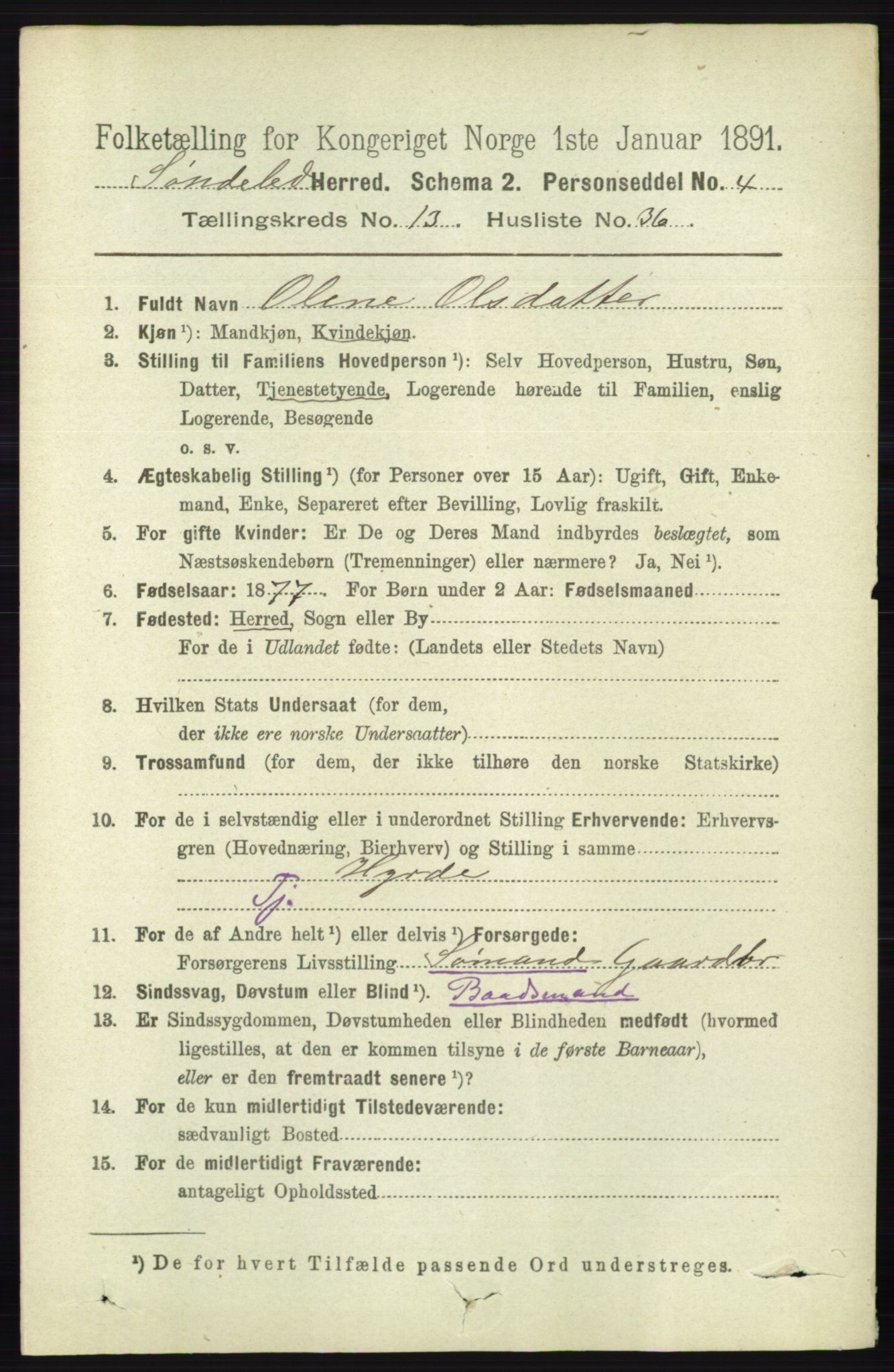 RA, 1891 census for 0913 Søndeled, 1891, p. 4094