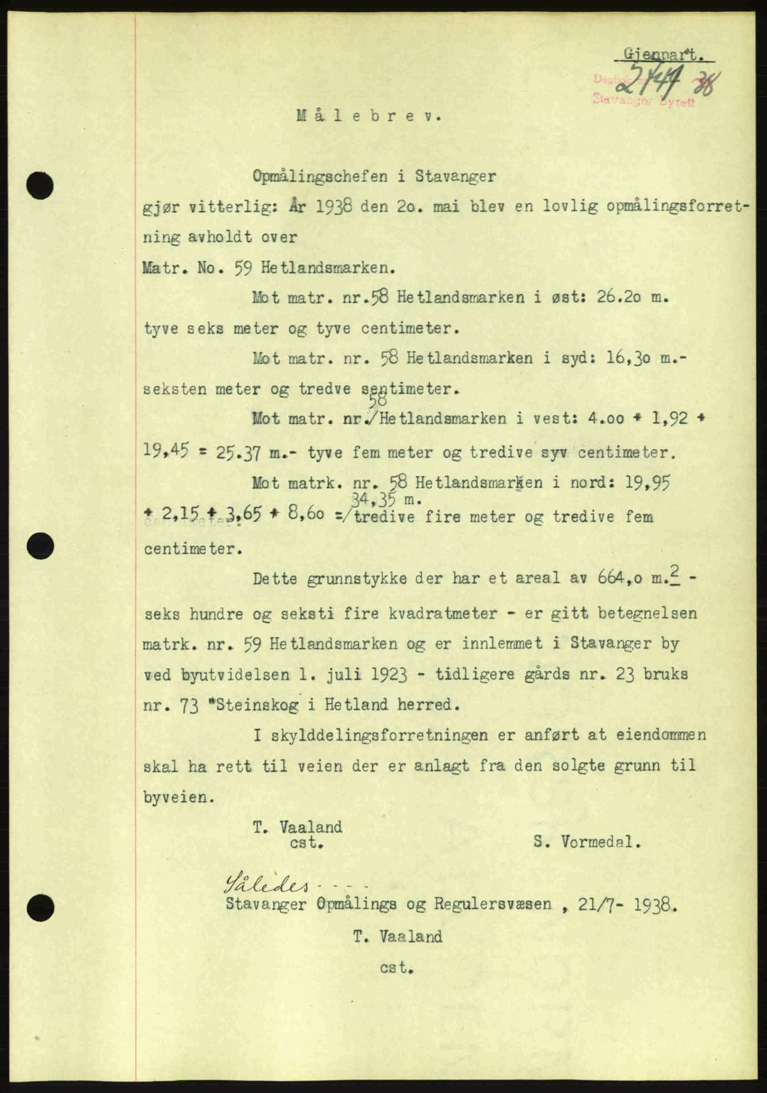 Stavanger byrett, AV/SAST-A-100455/002/G/Gb/L0014: Mortgage book no. A4, 1938-1939, Diary no: : 2740/1938