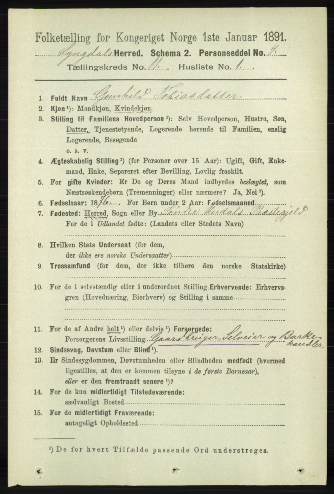 RA, 1891 census for 1032 Lyngdal, 1891, p. 4820