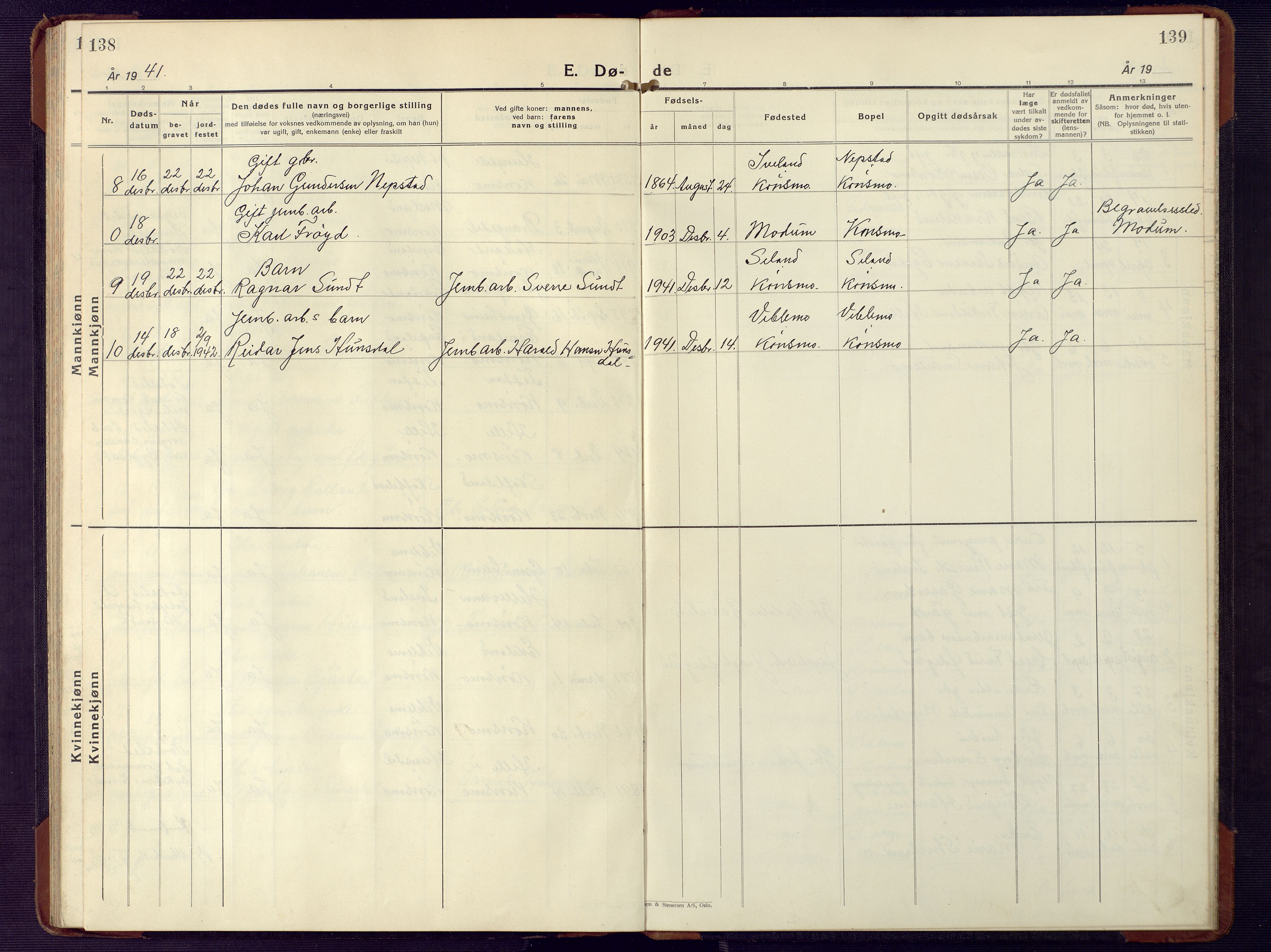 Nord-Audnedal sokneprestkontor, SAK/1111-0032/F/Fb/Fba/L0006: Parish register (copy) no. B 6, 1929-1946, p. 138-139