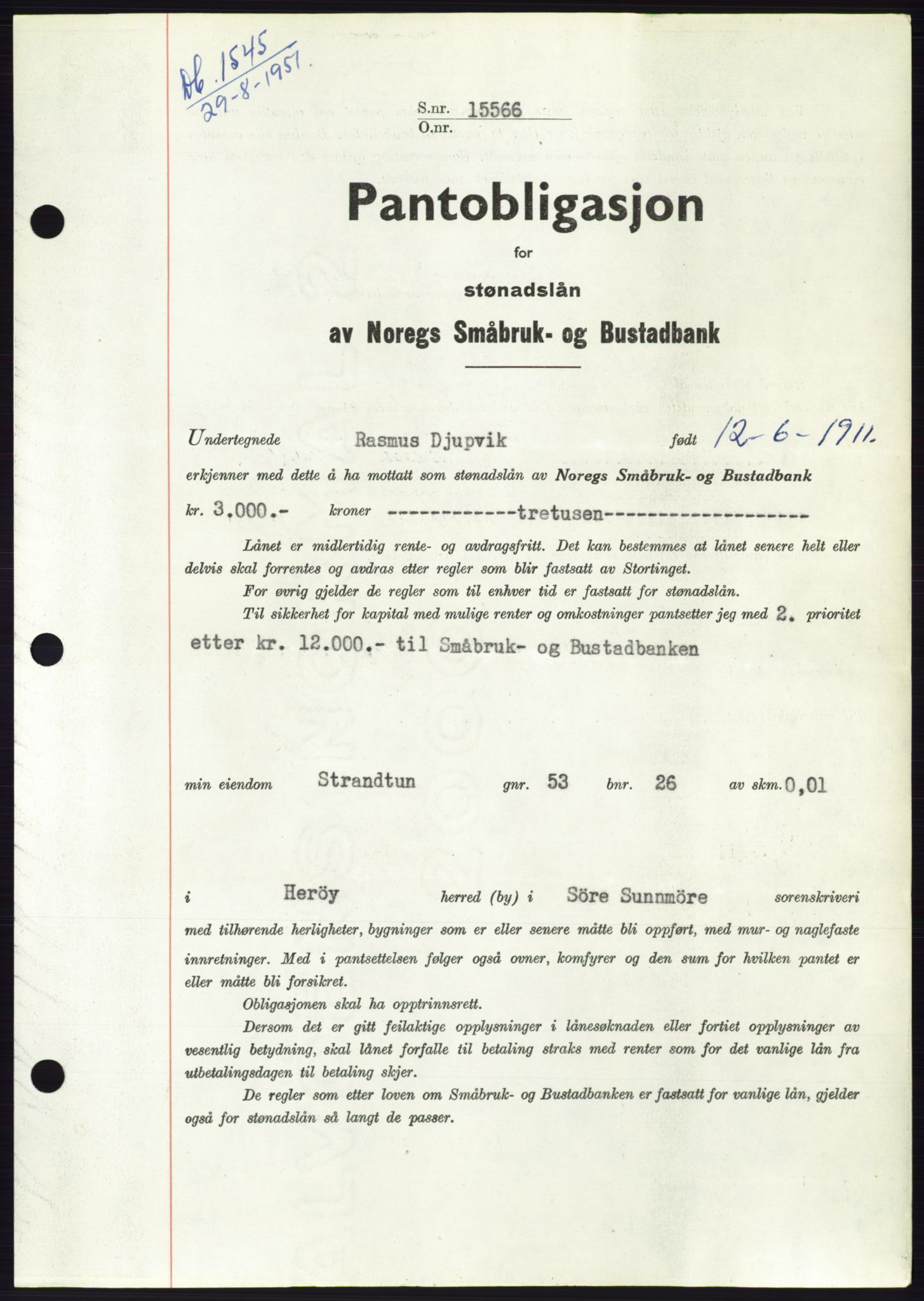 Søre Sunnmøre sorenskriveri, AV/SAT-A-4122/1/2/2C/L0120: Mortgage book no. 8B, 1951-1951, Diary no: : 1545/1951