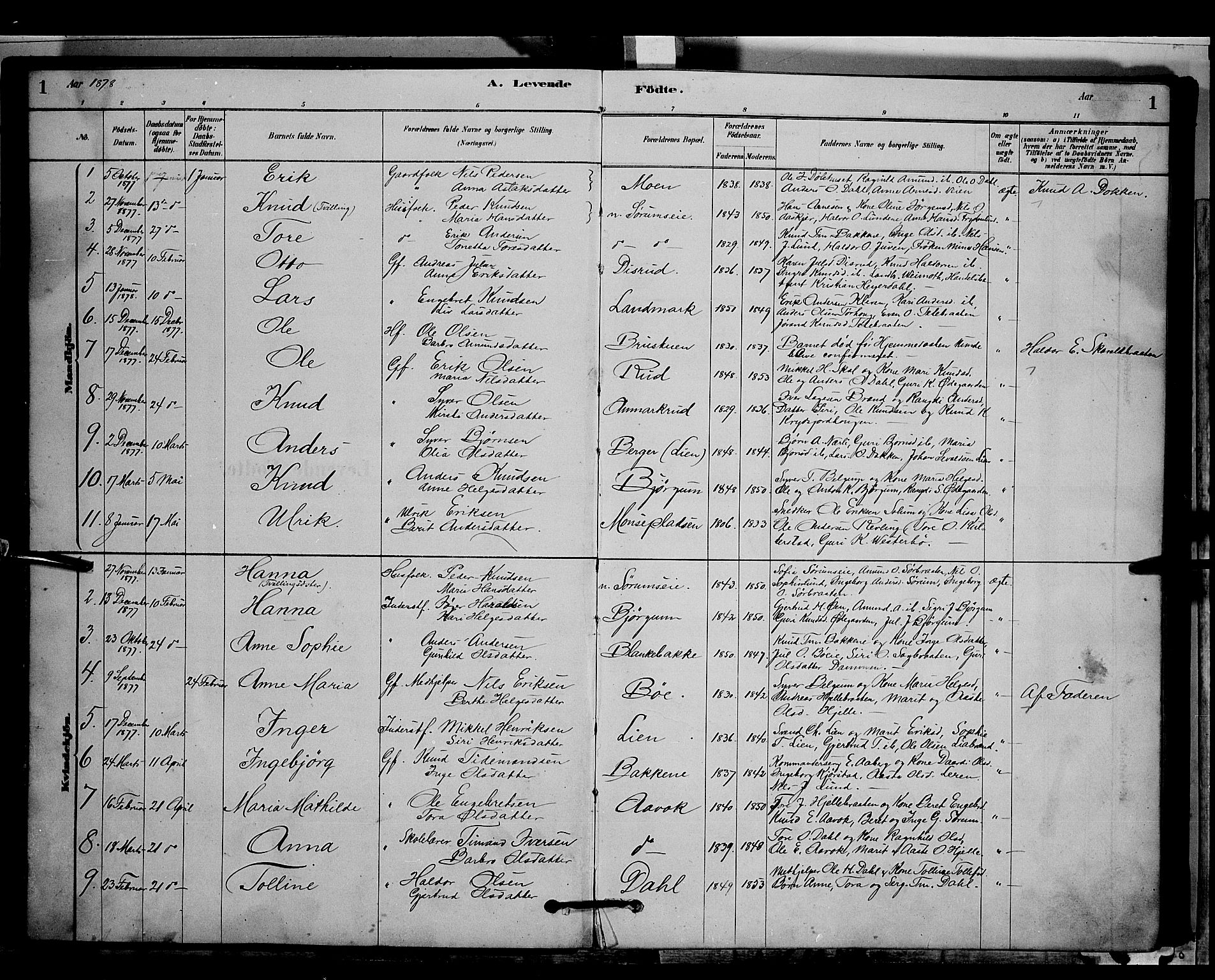 Nord-Aurdal prestekontor, SAH/PREST-132/H/Ha/Hab/L0006: Parish register (copy) no. 6, 1878-1892, p. 1