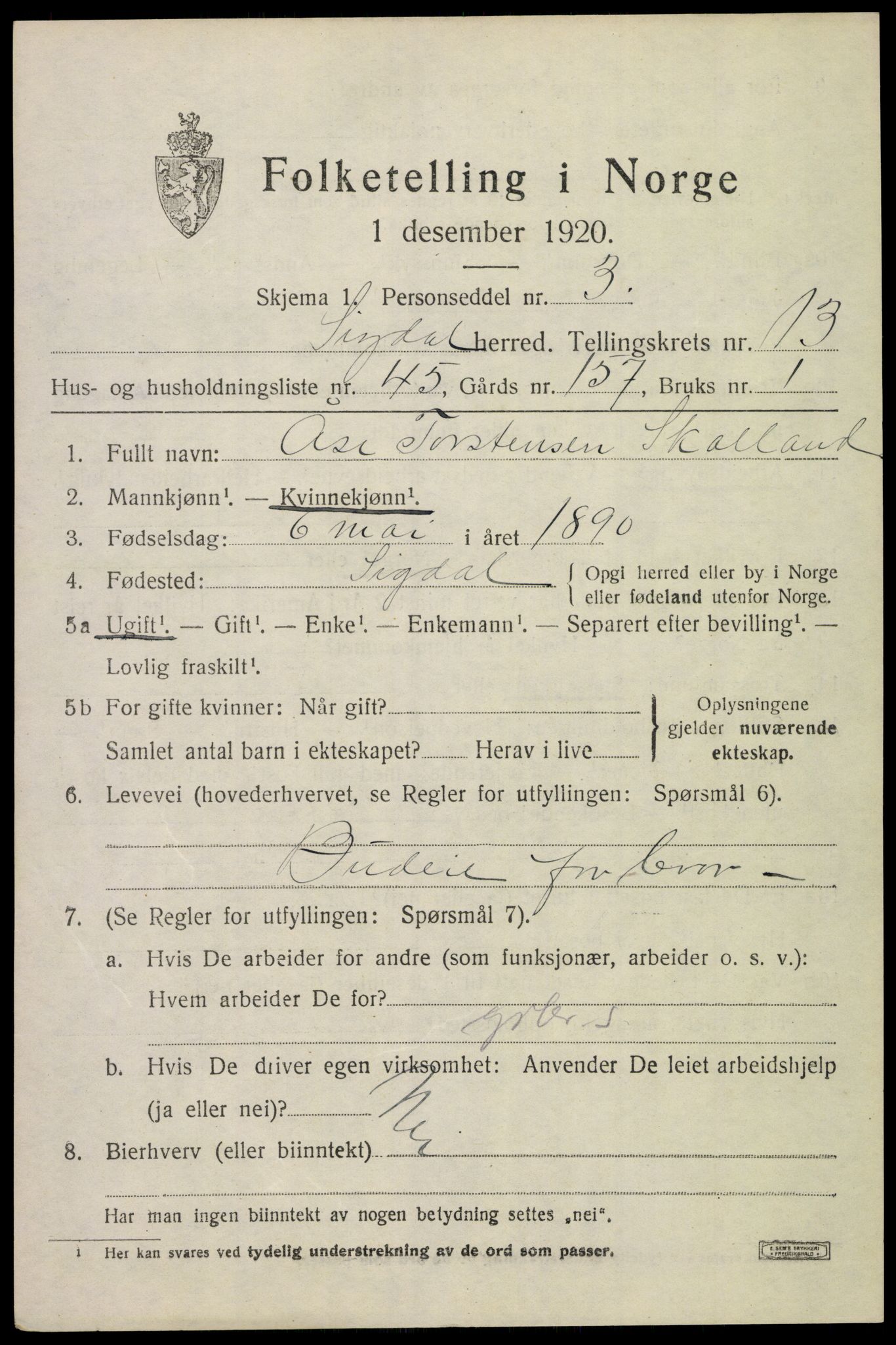 SAKO, 1920 census for Sigdal, 1920, p. 8506