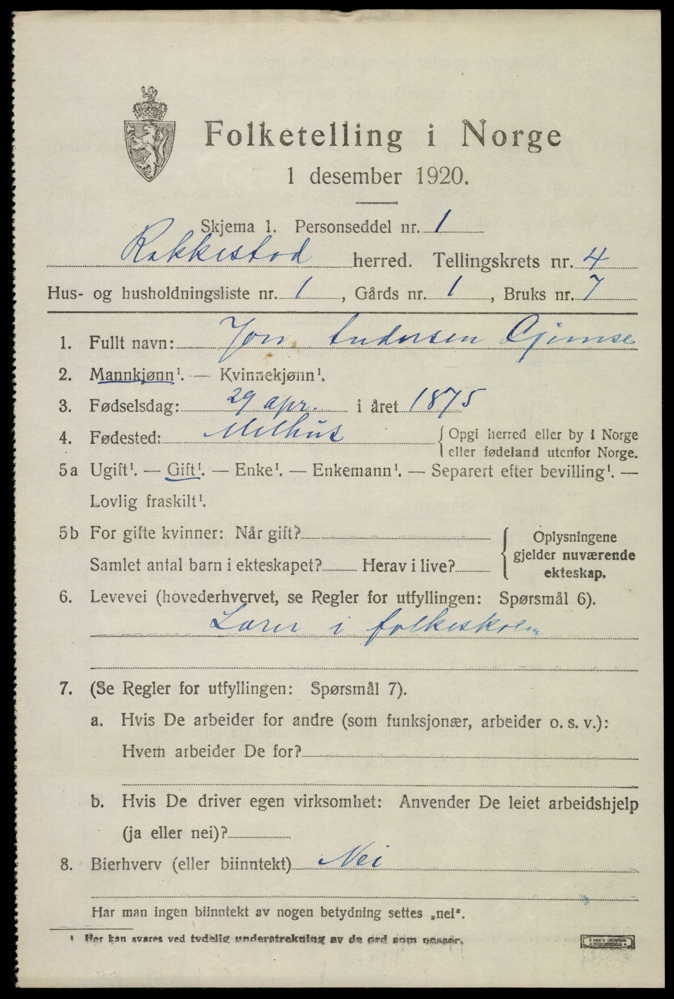 SAO, 1920 census for Rakkestad, 1920, p. 5309