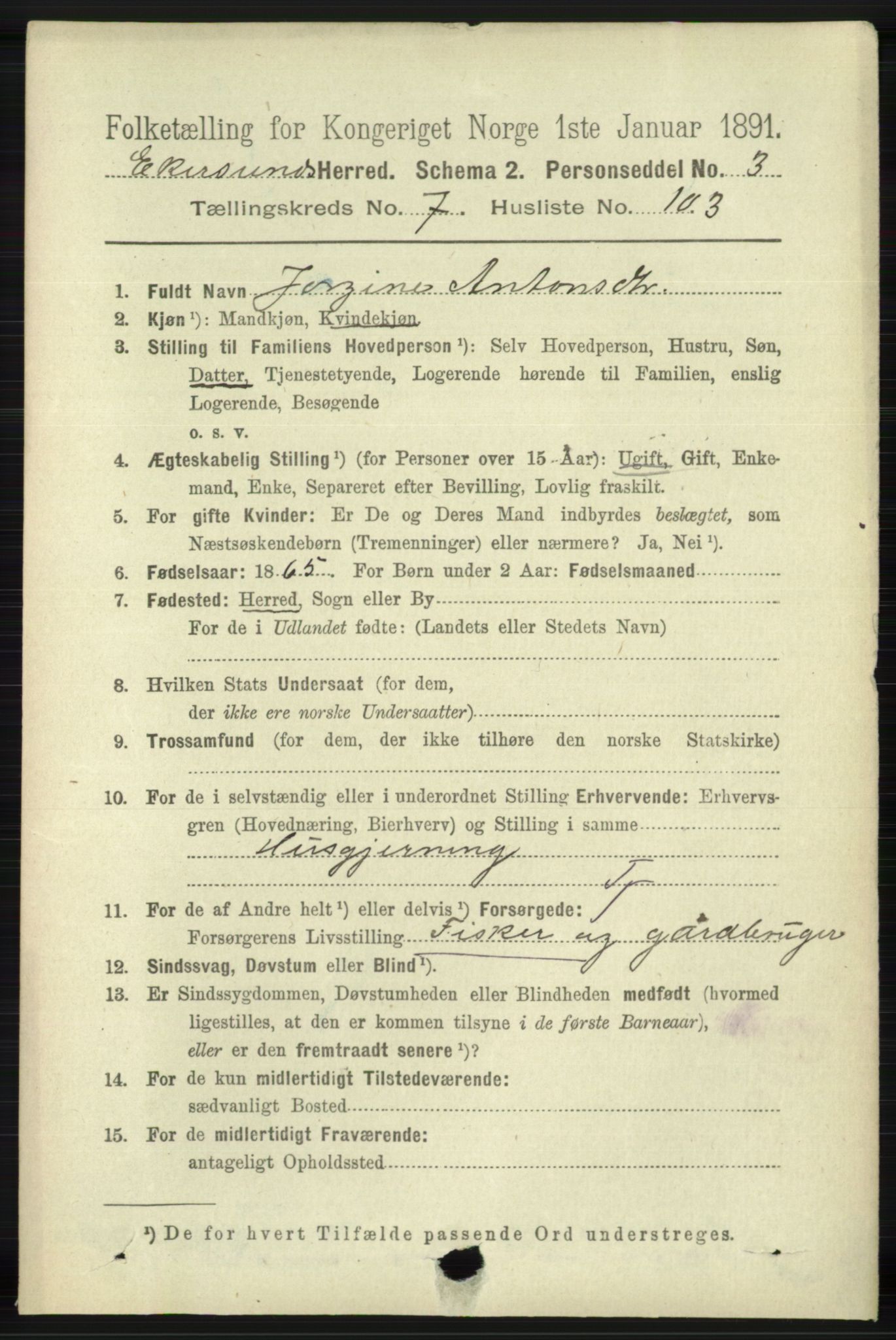 RA, 1891 census for 1116 Eigersund herred, 1891, p. 3421