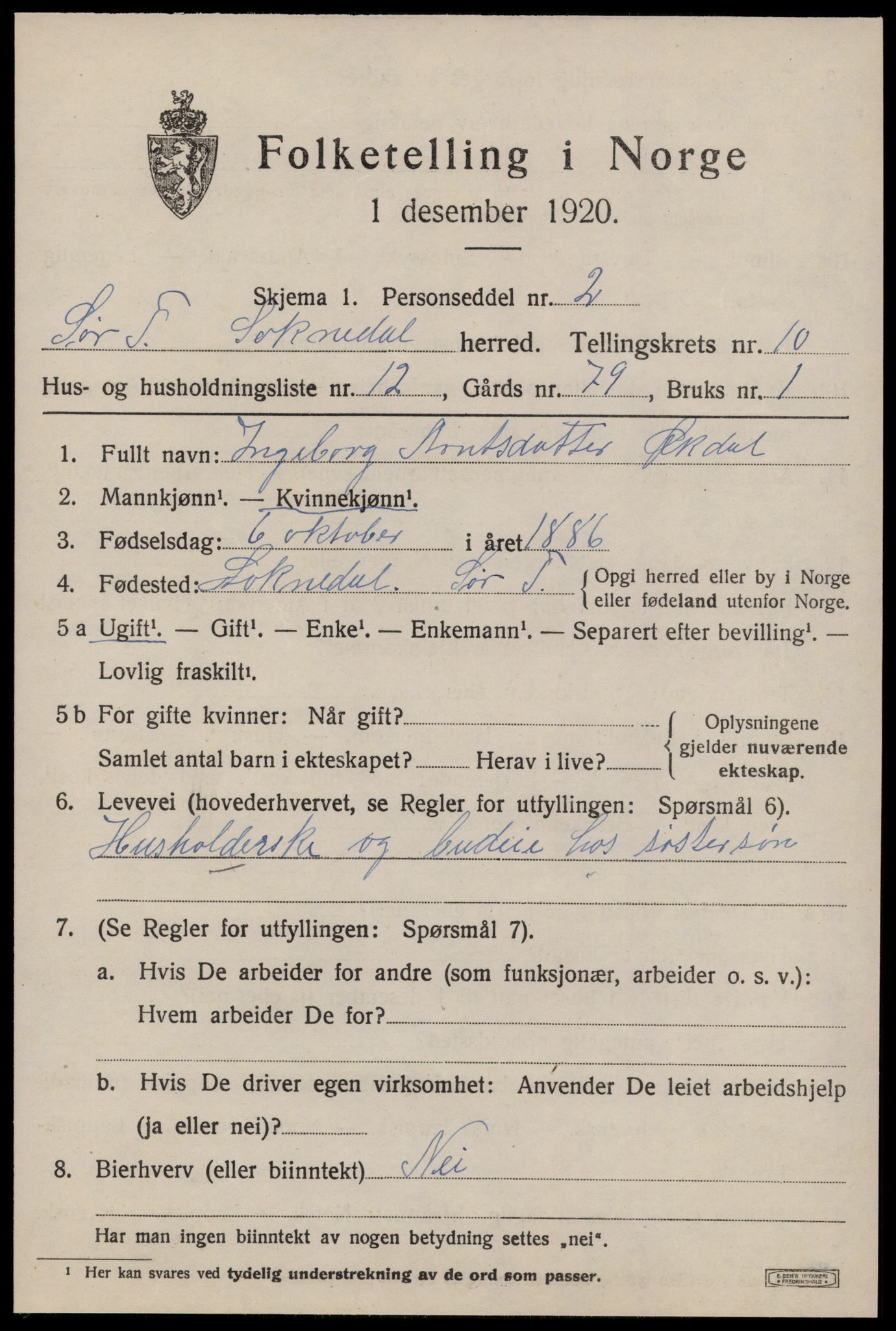 SAT, 1920 census for Soknedal, 1920, p. 4736