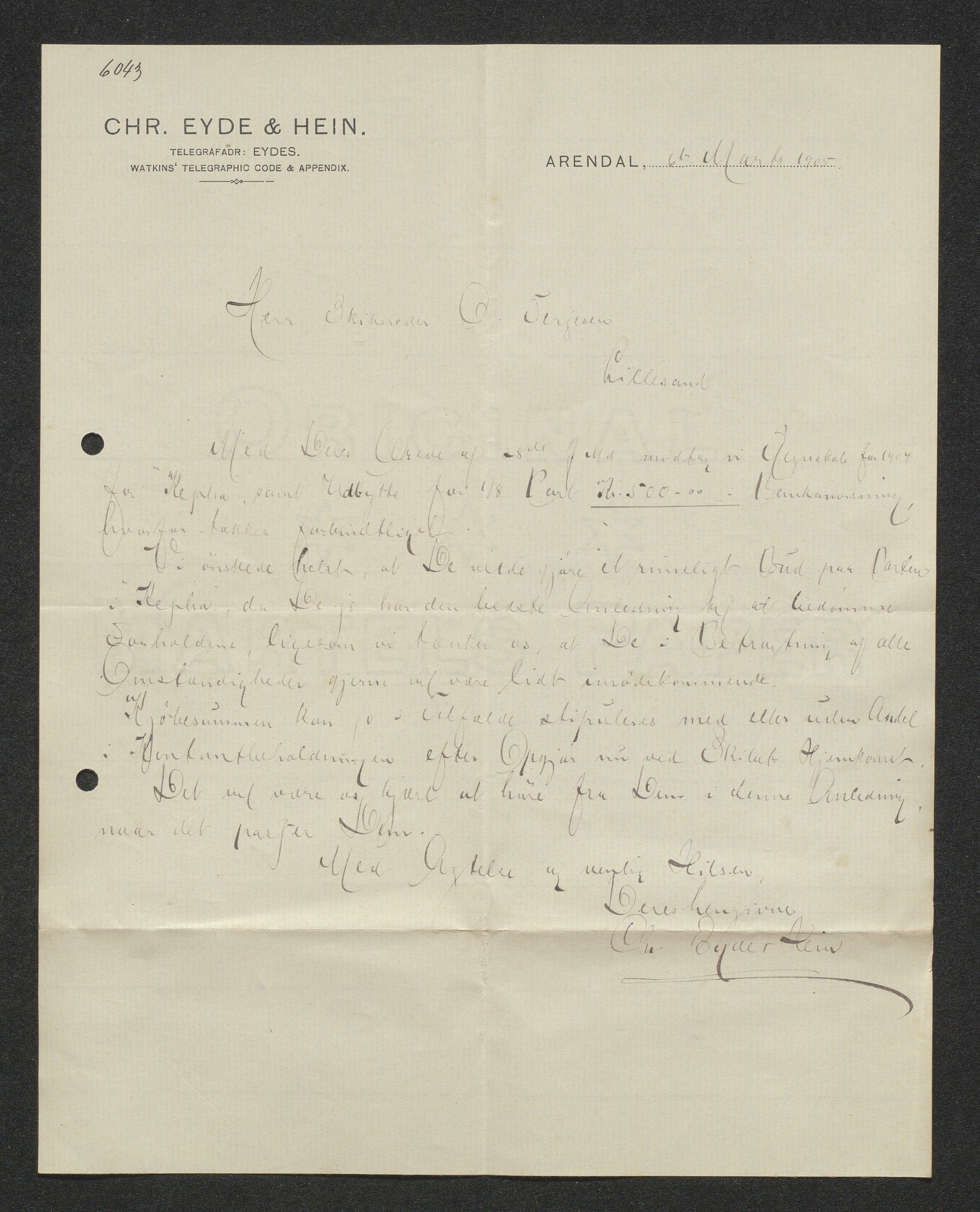 O. Terjesens rederi, AAKS/PA-2525/E/E01/L0013: Korrespondanse, 1904-1905