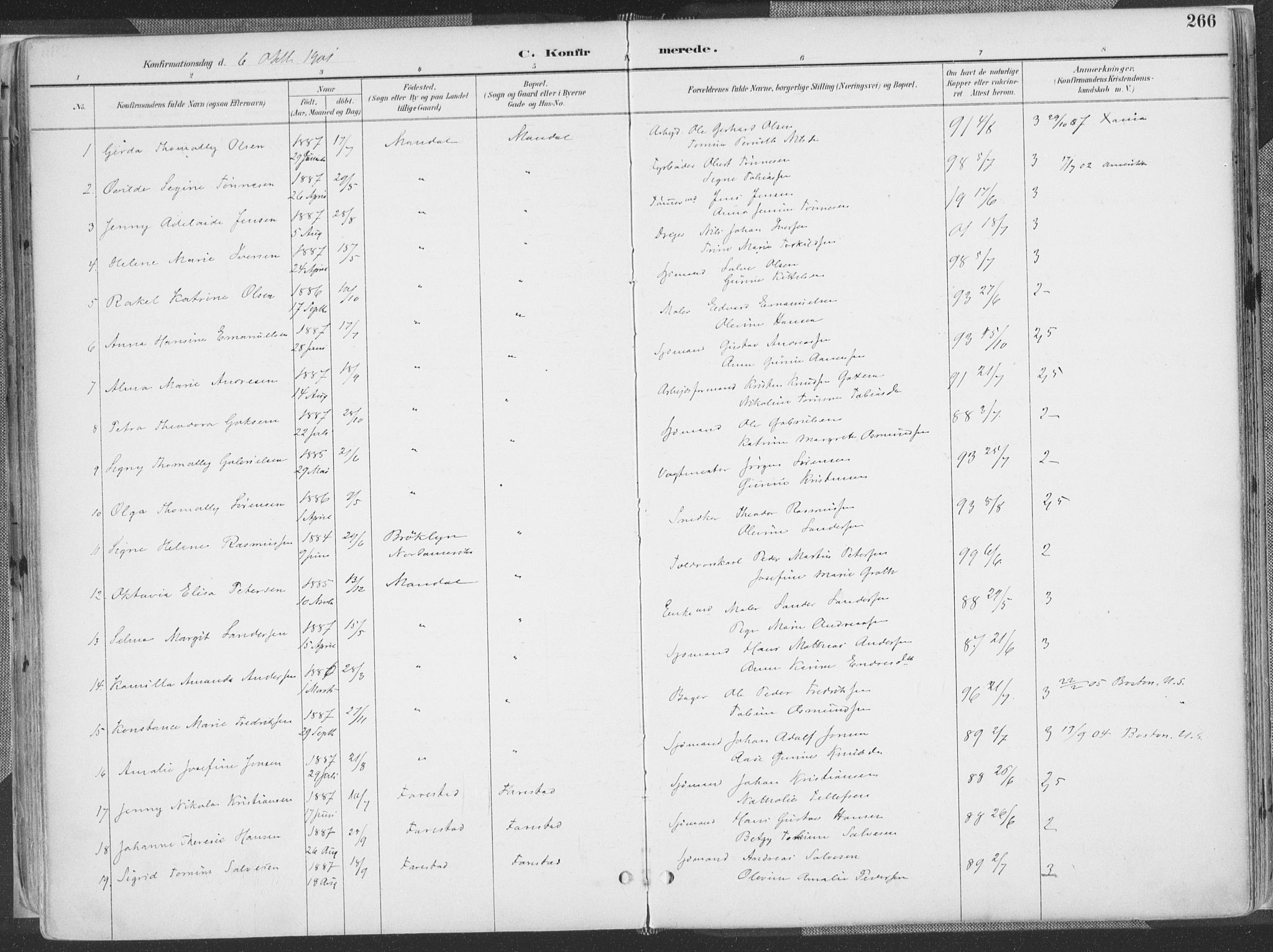 Mandal sokneprestkontor, SAK/1111-0030/F/Fa/Faa/L0018: Parish register (official) no. A 18, 1890-1905, p. 266