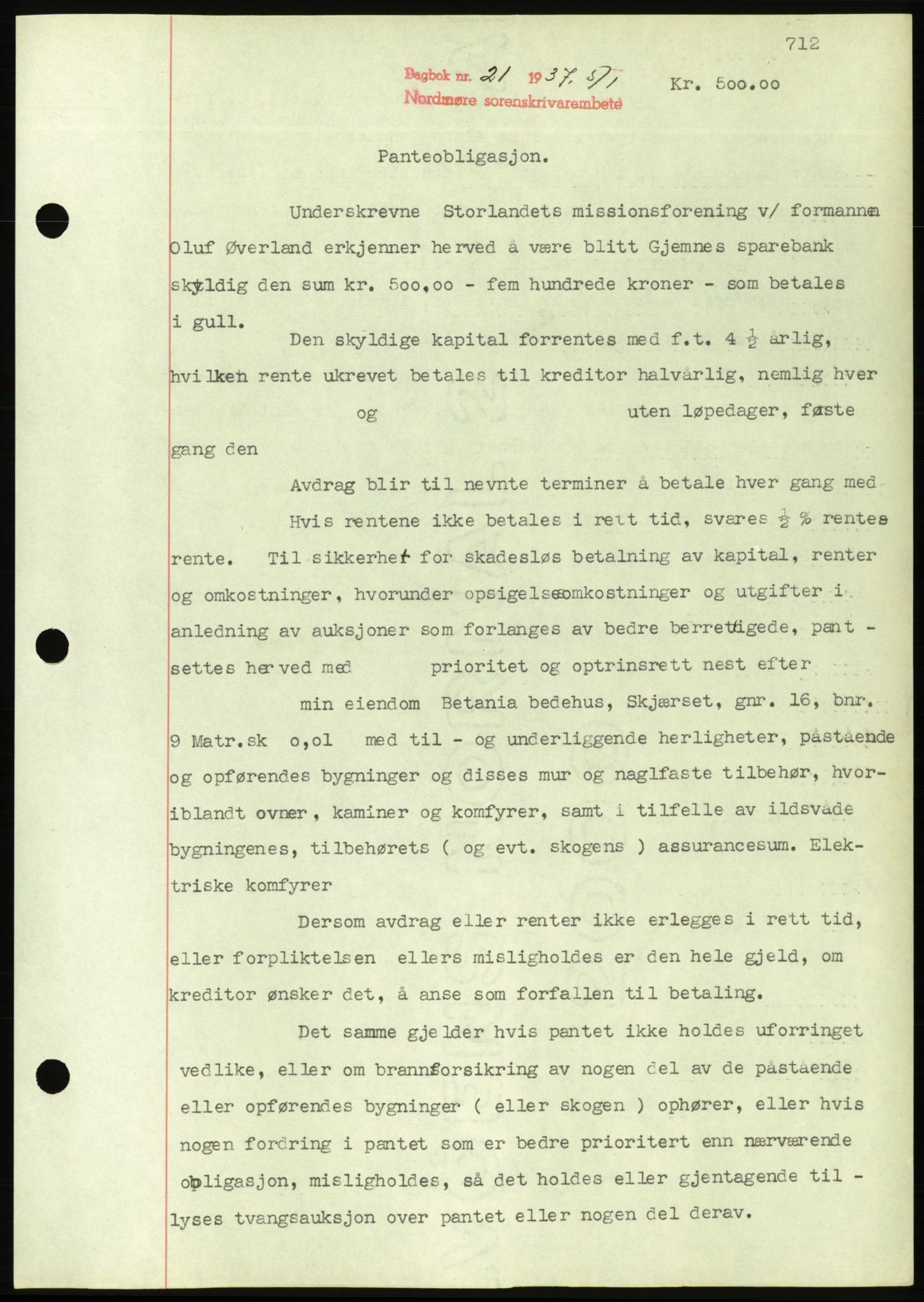 Nordmøre sorenskriveri, AV/SAT-A-4132/1/2/2Ca/L0090: Mortgage book no. B80, 1936-1937, Diary no: : 21/1937