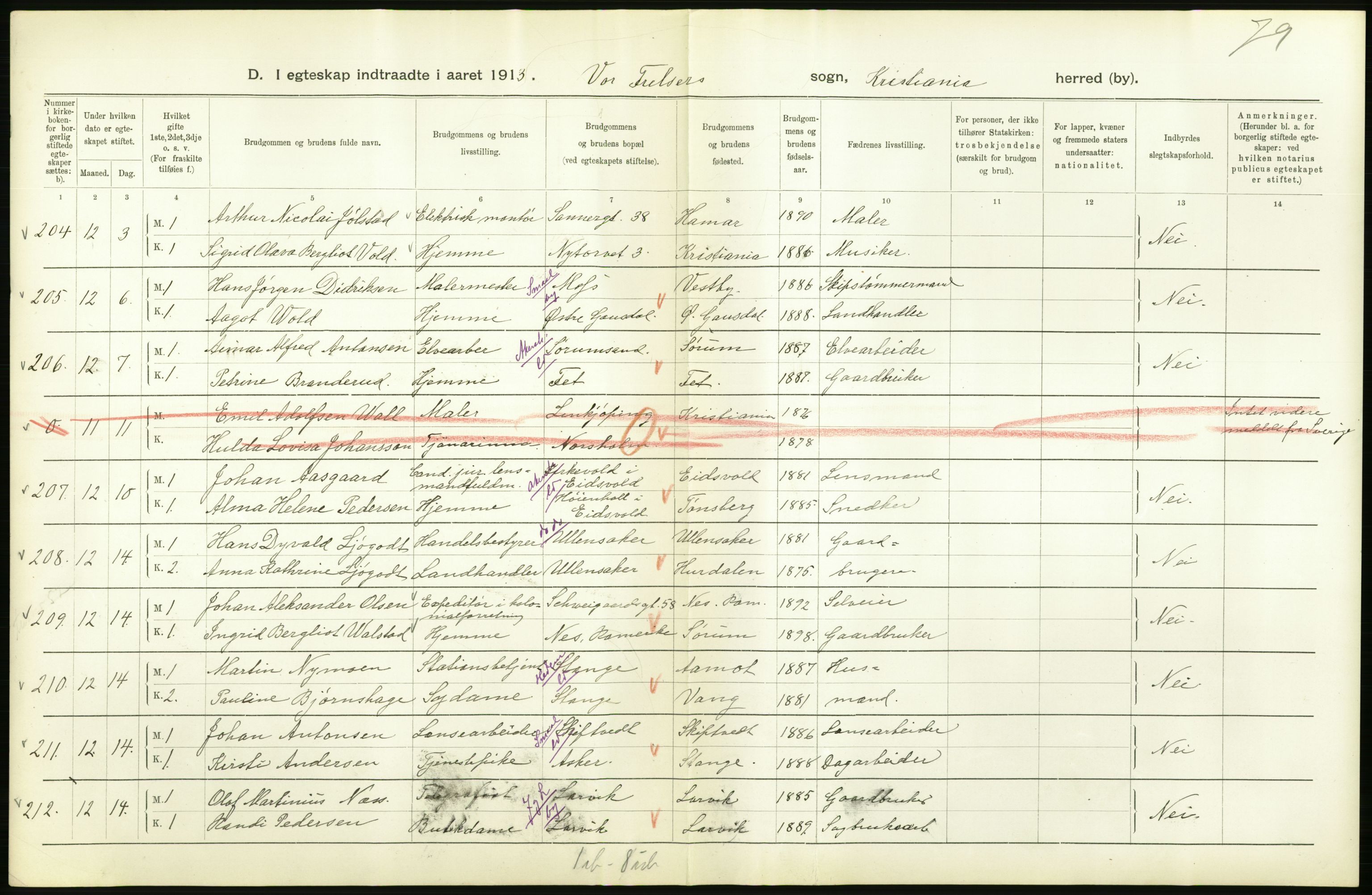 Statistisk sentralbyrå, Sosiodemografiske emner, Befolkning, AV/RA-S-2228/D/Df/Dfb/Dfbc/L0008: Kristiania: Gifte., 1913, p. 776