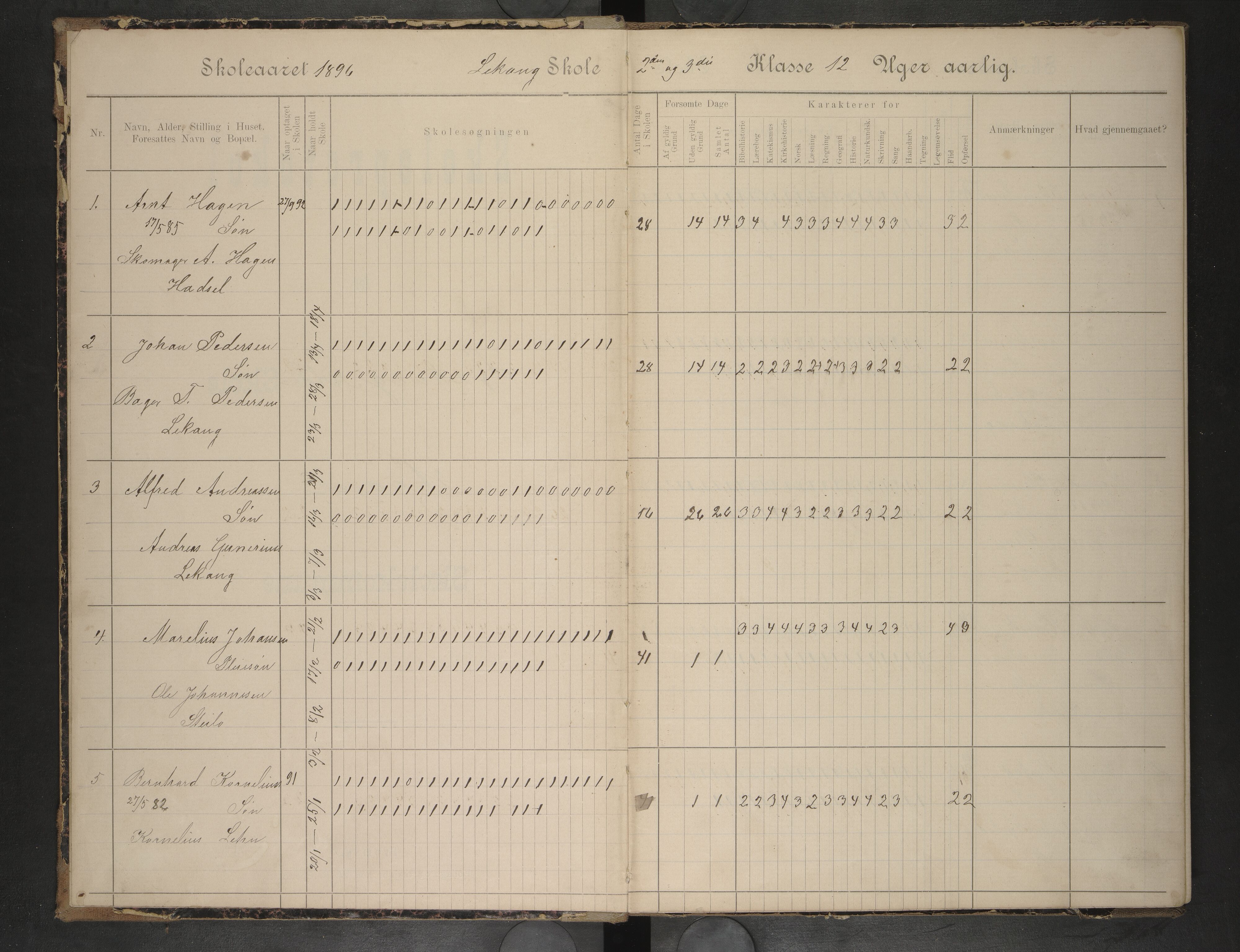 Hadsel kommune. Lekang skolekrets, AIN/K-18660.510.27/G/L0001: Skoleprotokoll for Lekang folkeskole, 1896-1904