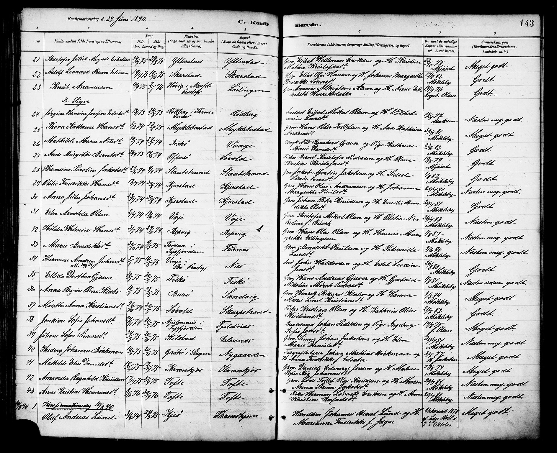 Ministerialprotokoller, klokkerbøker og fødselsregistre - Nordland, AV/SAT-A-1459/872/L1035: Parish register (official) no. 872A10, 1884-1896, p. 143