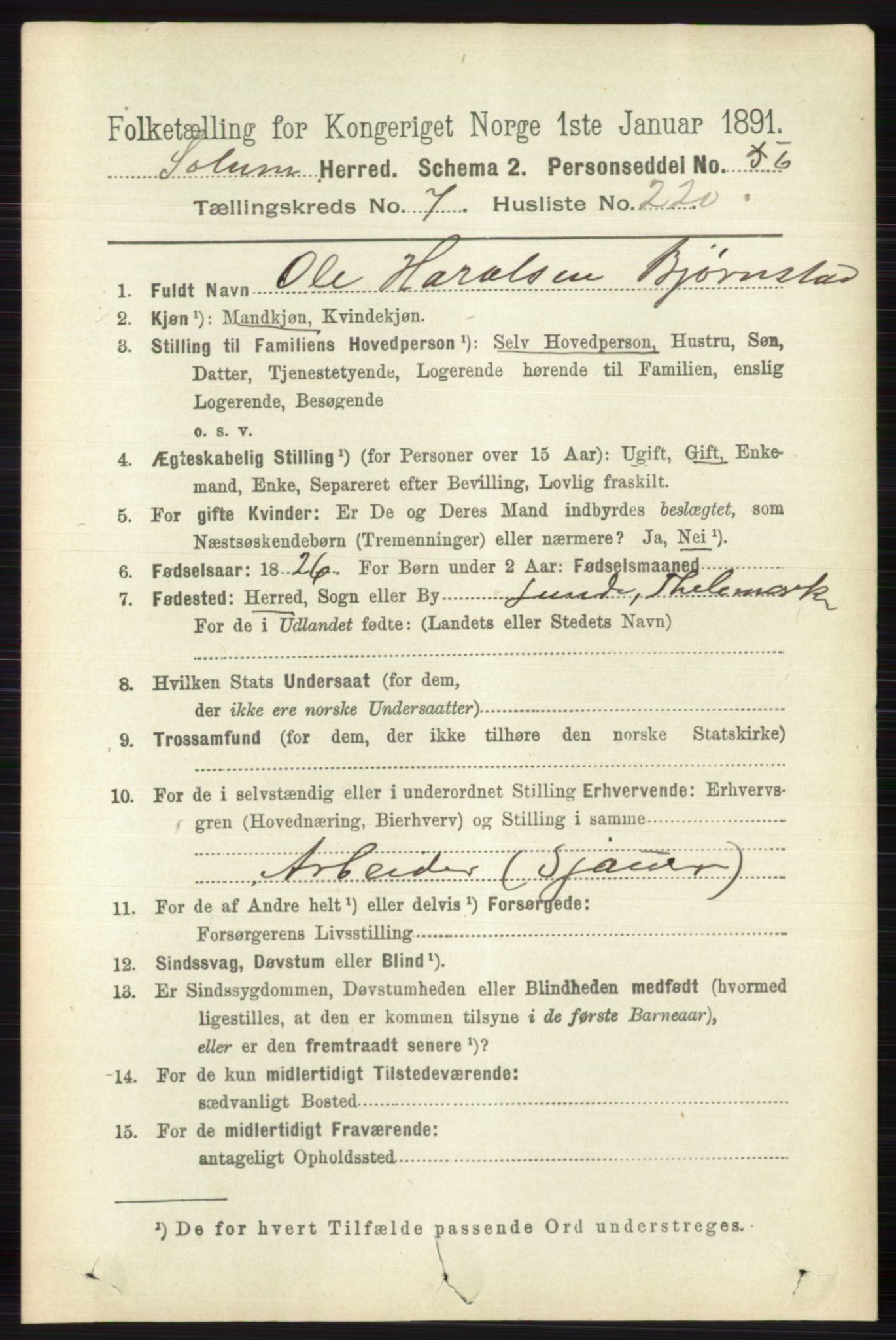 RA, 1891 census for 0818 Solum, 1891, p. 4014