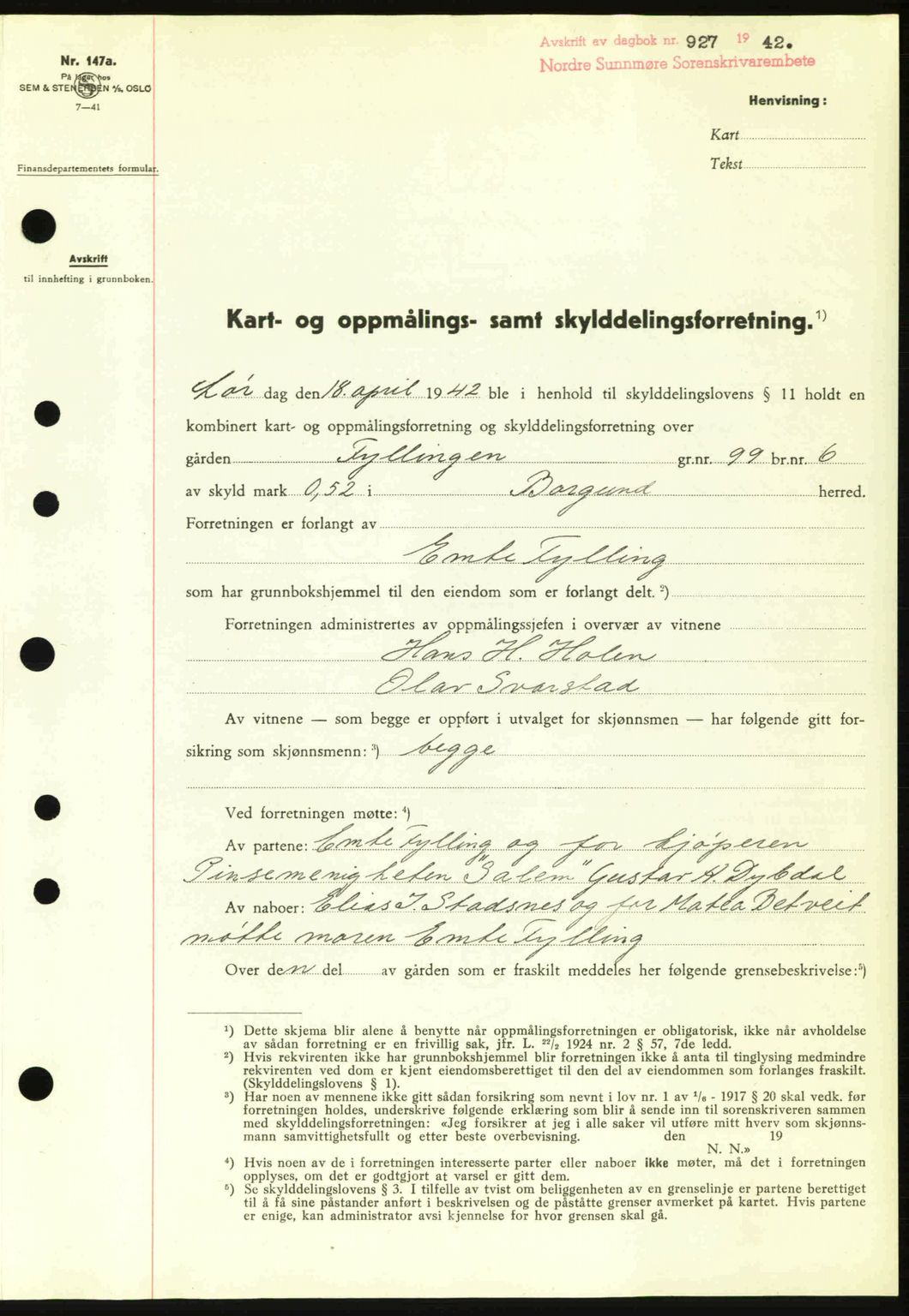 Nordre Sunnmøre sorenskriveri, AV/SAT-A-0006/1/2/2C/2Ca: Mortgage book no. A13, 1942-1942, Diary no: : 927/1942