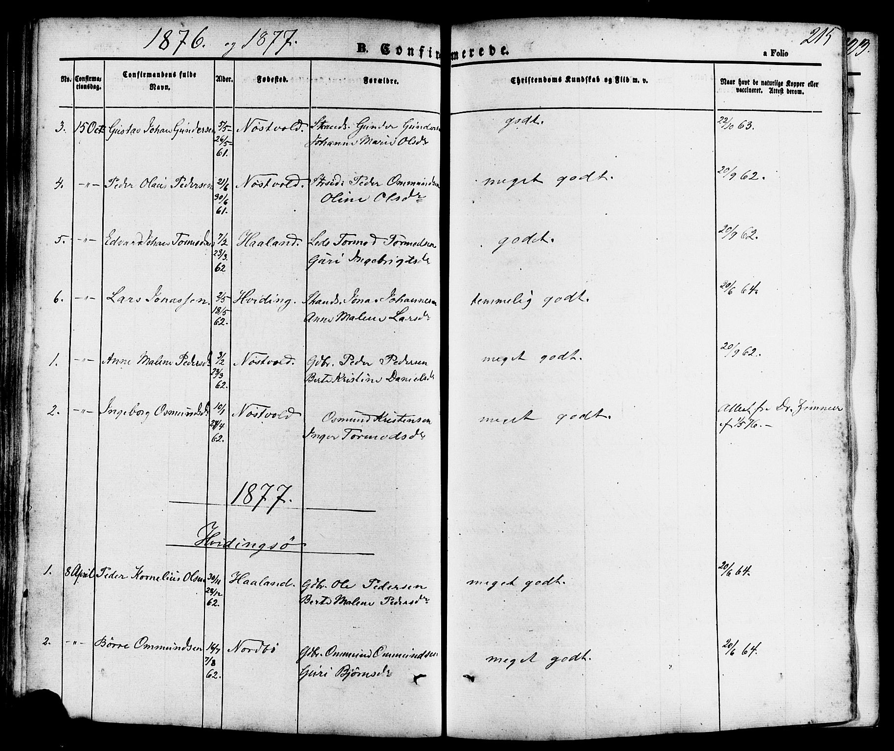 Rennesøy sokneprestkontor, SAST/A -101827/H/Ha/Haa/L0006: Parish register (official) no. A 6, 1860-1878, p. 215