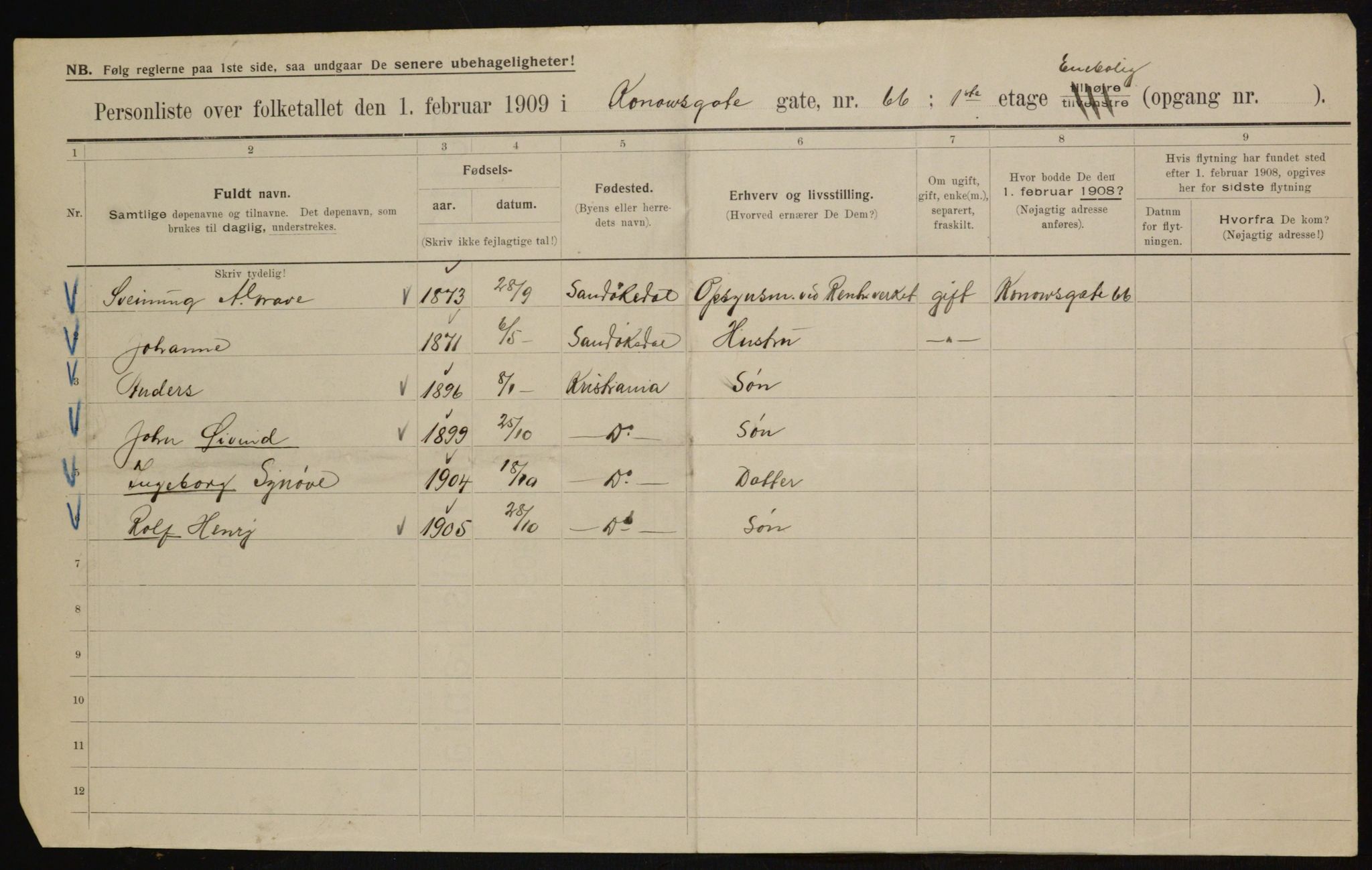 OBA, Municipal Census 1909 for Kristiania, 1909, p. 49015