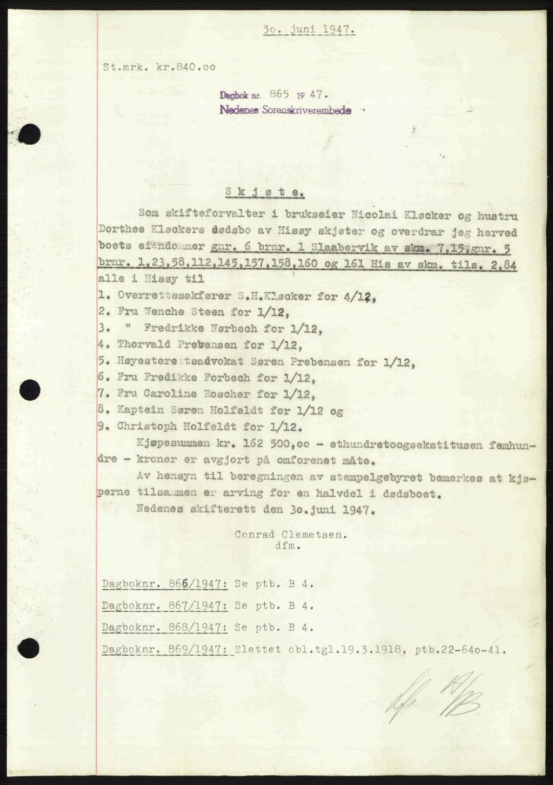 Nedenes sorenskriveri, SAK/1221-0006/G/Gb/Gba/L0057: Mortgage book no. A9, 1947-1947, Diary no: : 865/1947