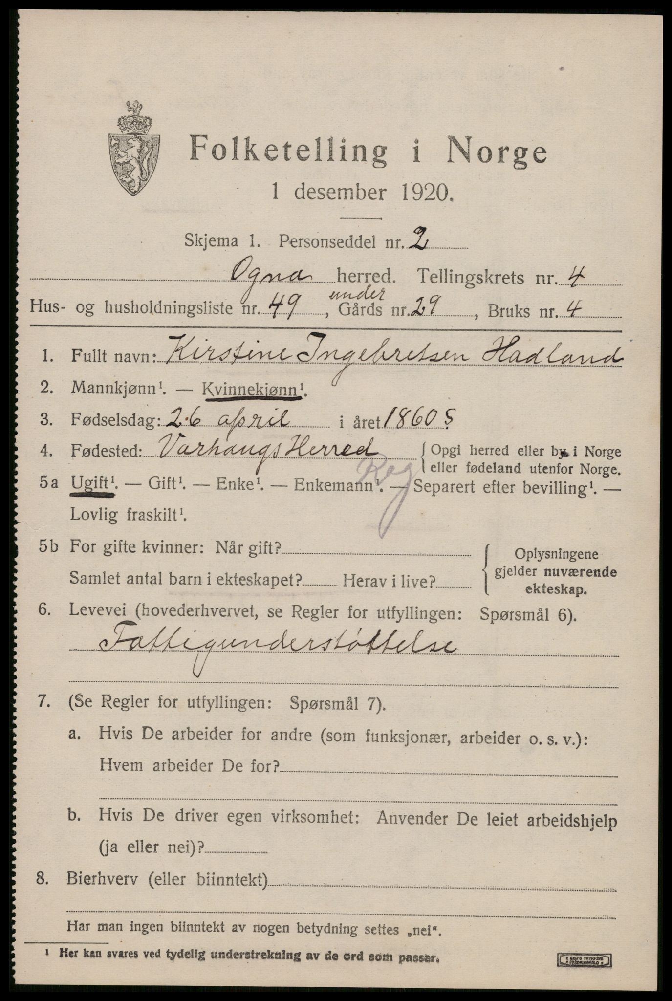 SAST, 1920 census for Ogna, 1920, p. 3003