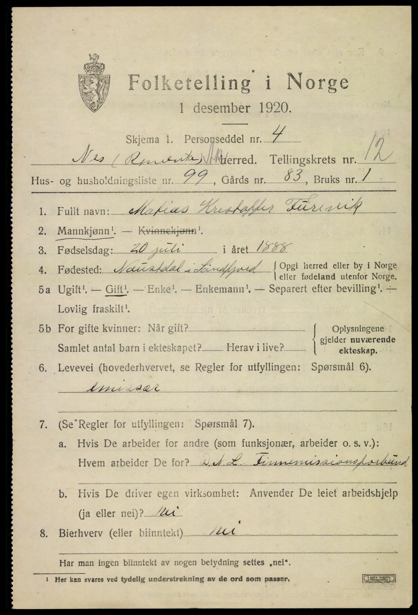 SAO, 1920 census for Nes, 1920, p. 13412