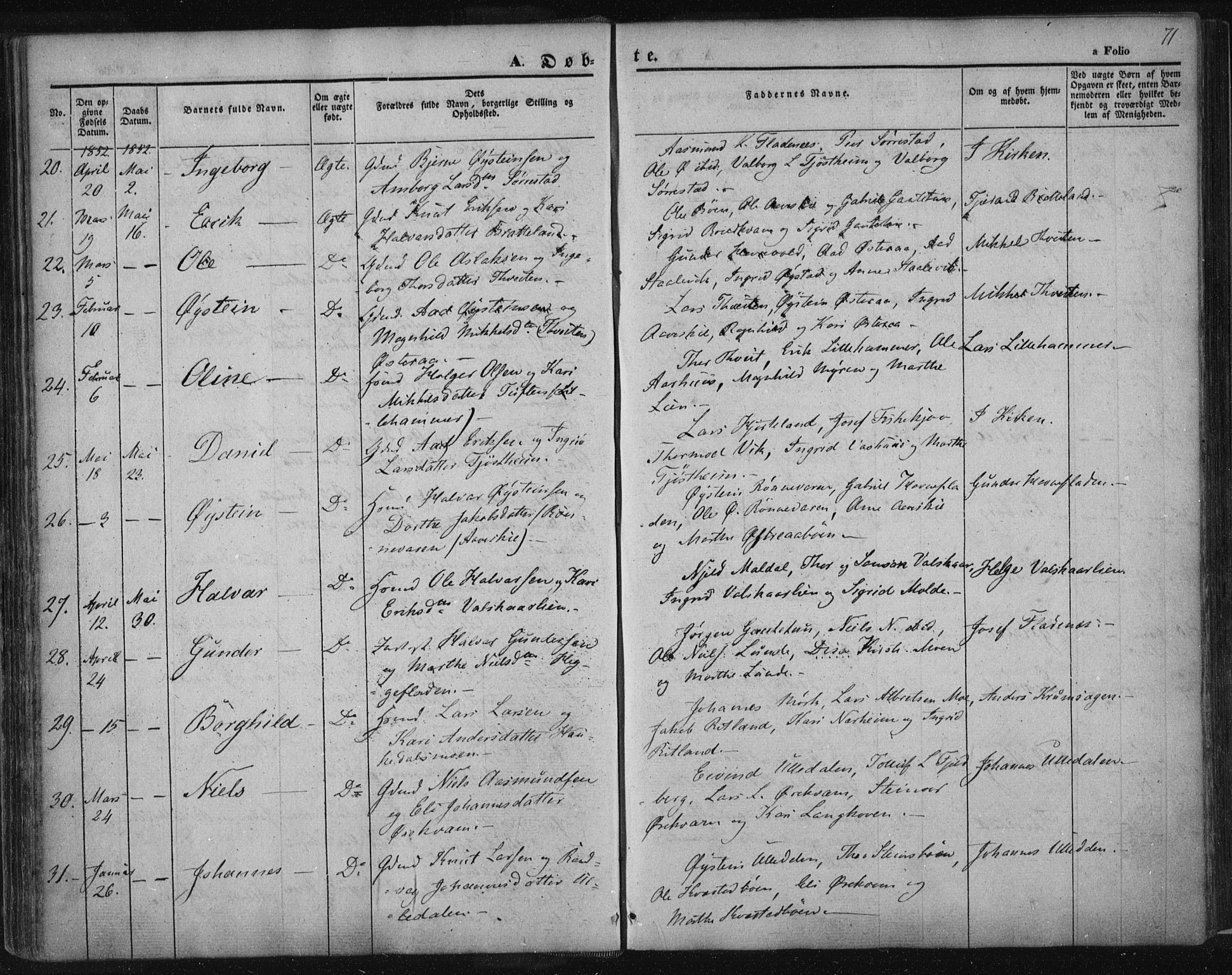 Suldal sokneprestkontor, AV/SAST-A-101845/01/IV/L0008: Parish register (official) no. A 8, 1836-1853, p. 71