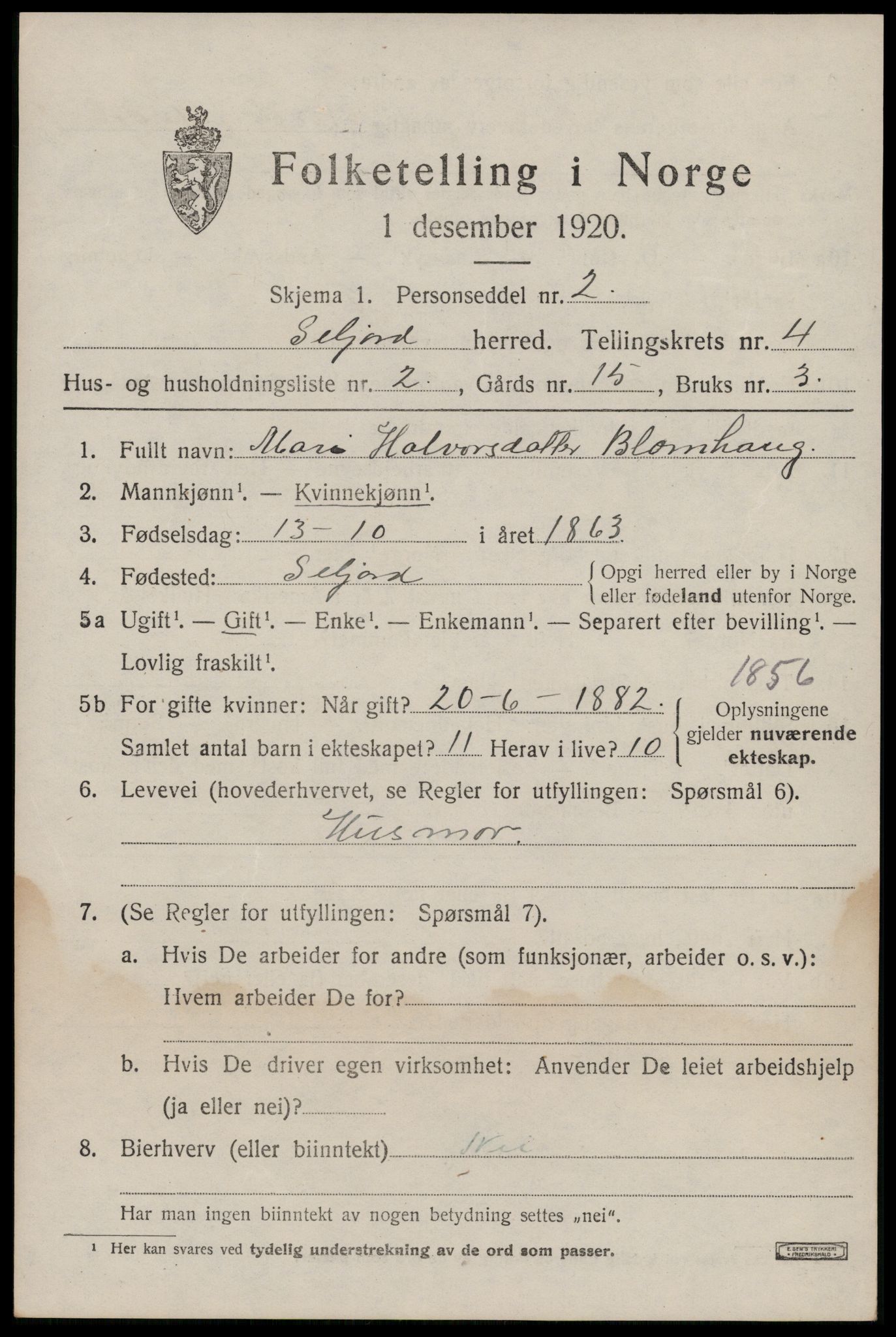 SAKO, 1920 census for Seljord, 1920, p. 2104
