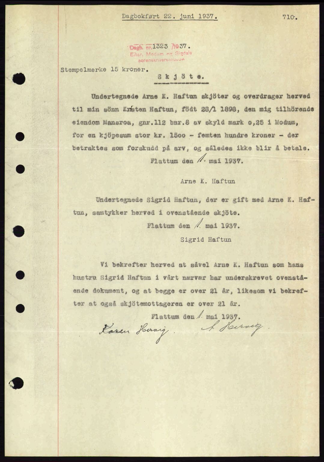 Eiker, Modum og Sigdal sorenskriveri, SAKO/A-123/G/Ga/Gab/L0035: Mortgage book no. A5, 1937-1937, Diary no: : 1323/1937
