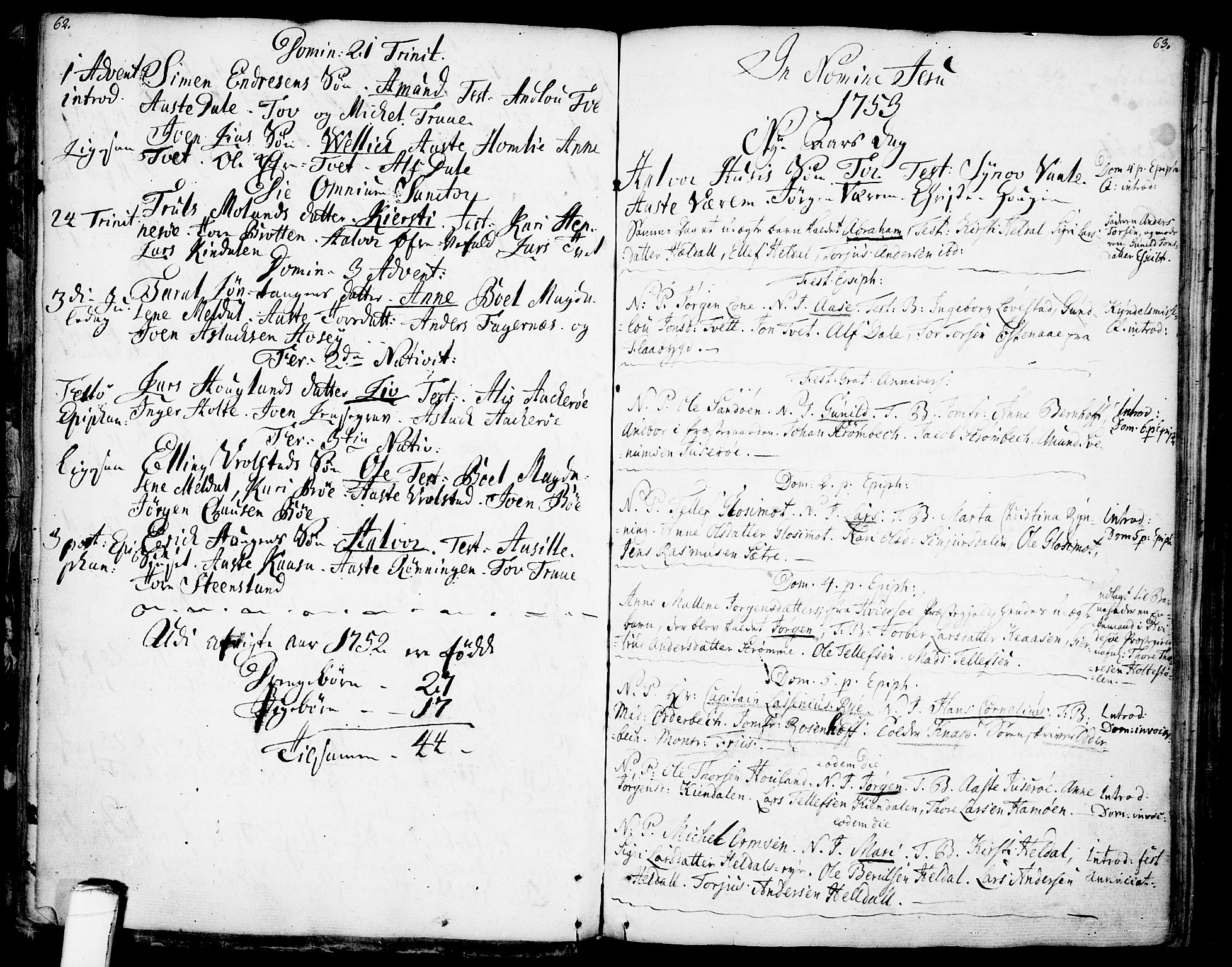 Drangedal kirkebøker, SAKO/A-258/F/Fa/L0001: Parish register (official) no. 1, 1697-1767, p. 62-63