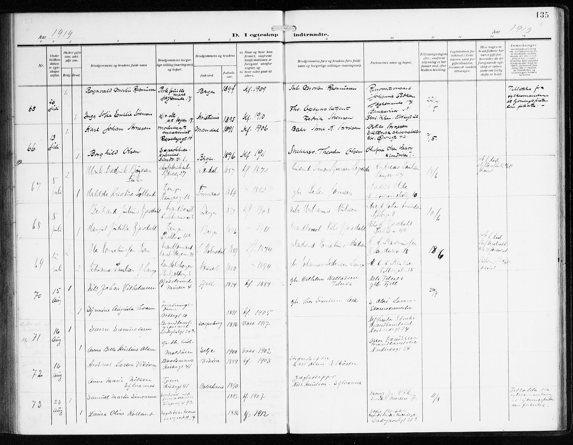 Sandviken Sokneprestembete, AV/SAB-A-77601/H/Ha/L0015: Parish register (official) no. D 2, 1911-1923, p. 135