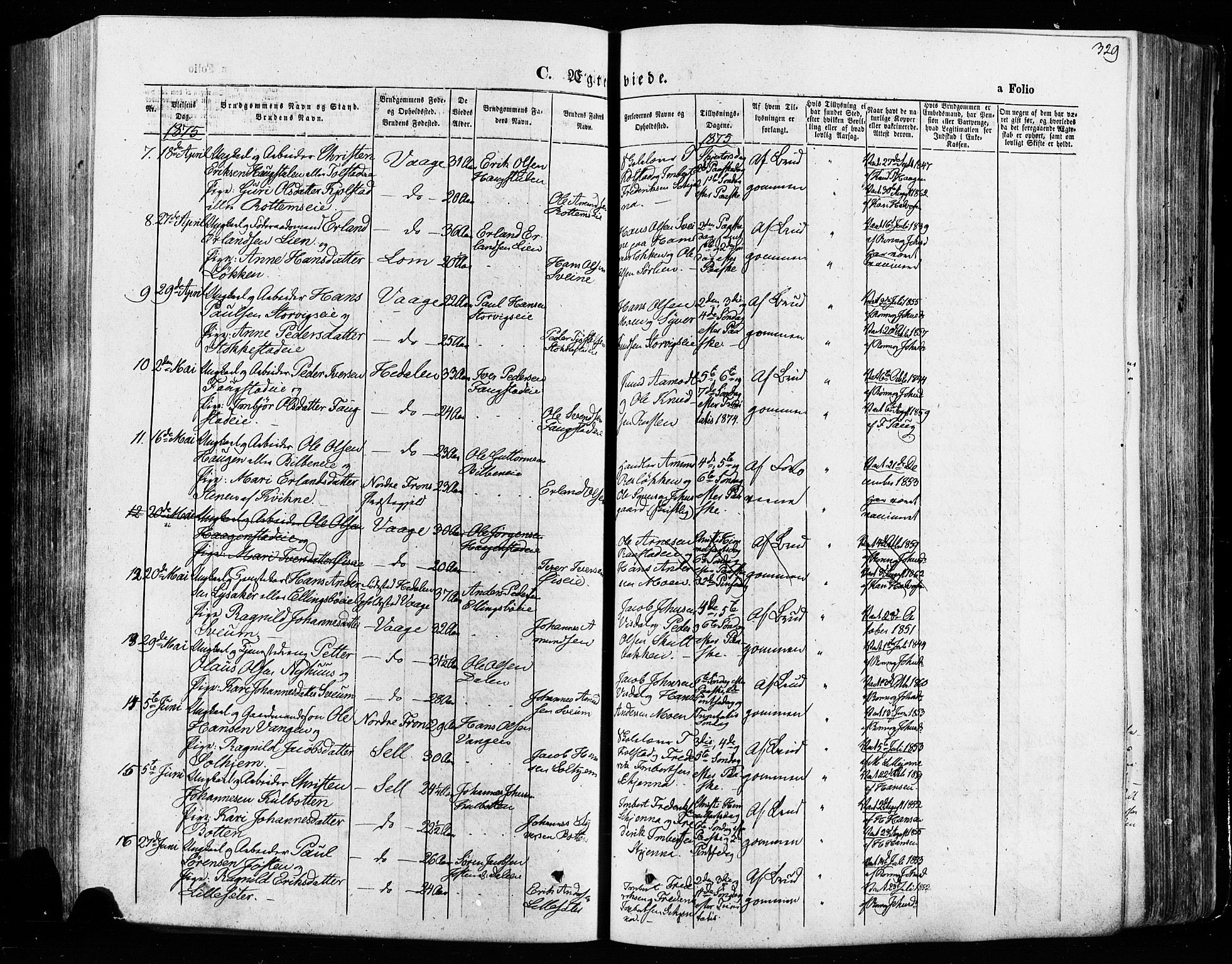 Vågå prestekontor, SAH/PREST-076/H/Ha/Haa/L0007: Parish register (official) no. 7 /1, 1872-1886, p. 329