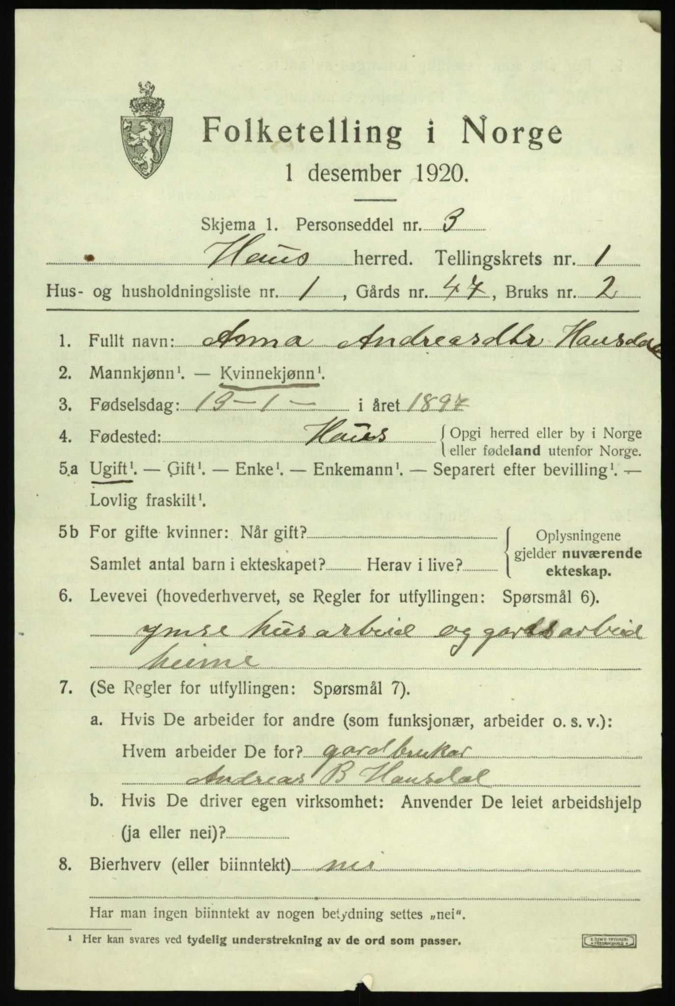 SAB, 1920 census for Haus, 1920, p. 1701