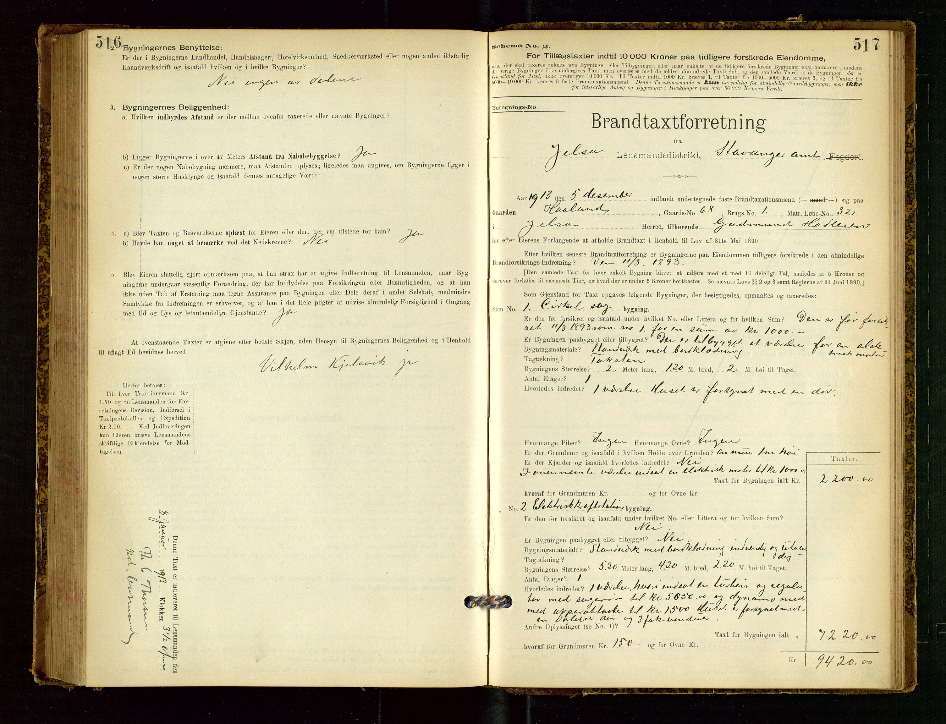 Jelsa lensmannskontor, SAST/A-100360/Gob/L0001: "Brandtaxationsprotocol", 1895-1918, p. 516-517